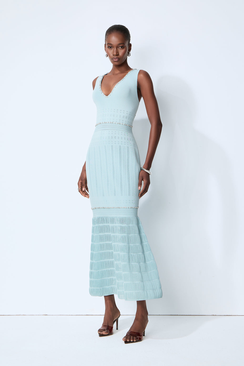 Purely Yours Blue Rhinestone Trim Sleeveless Knit Maxi Dress