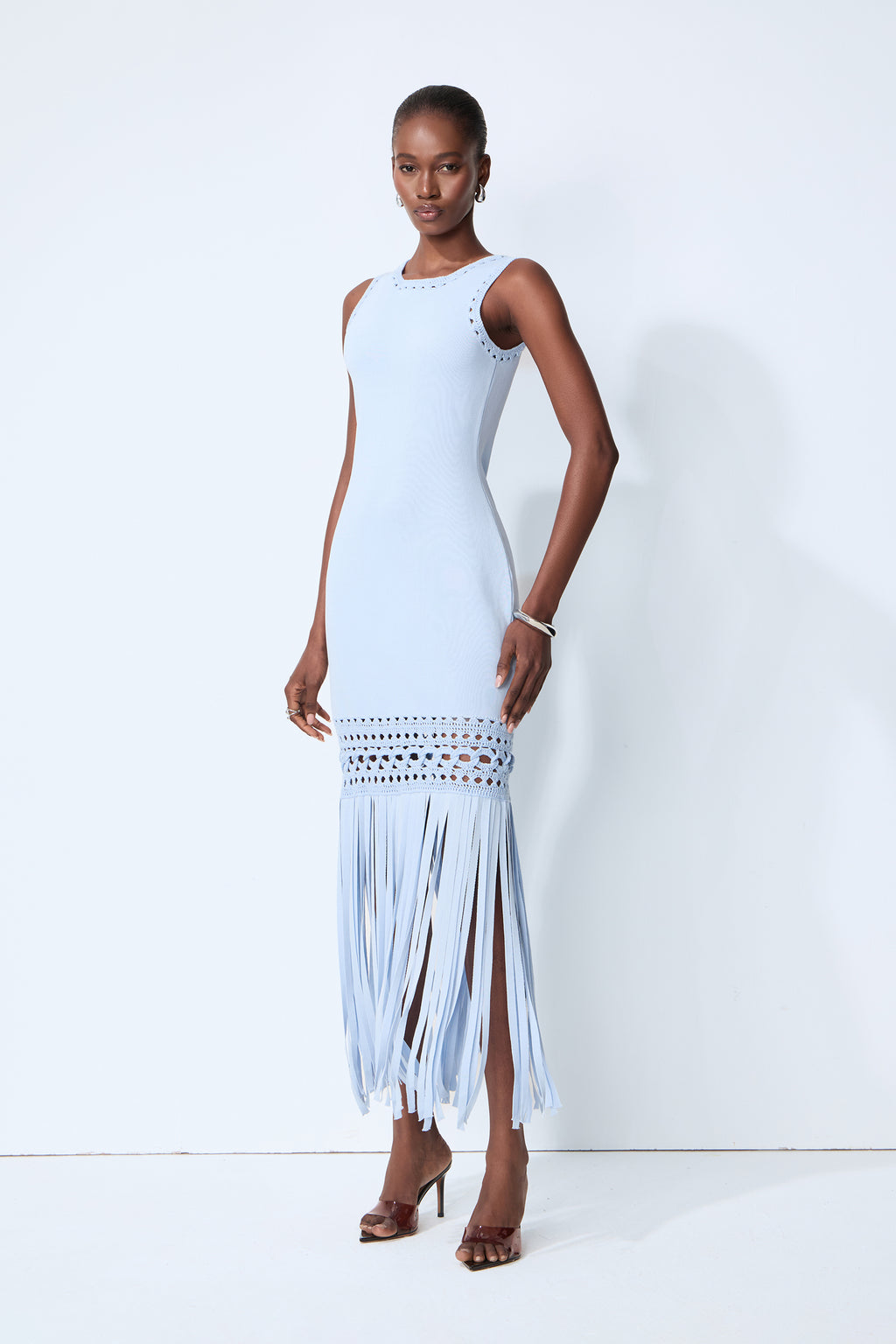 Sunwoven Stories Blue Sleeveless Crochet Fringe Maxi Dress