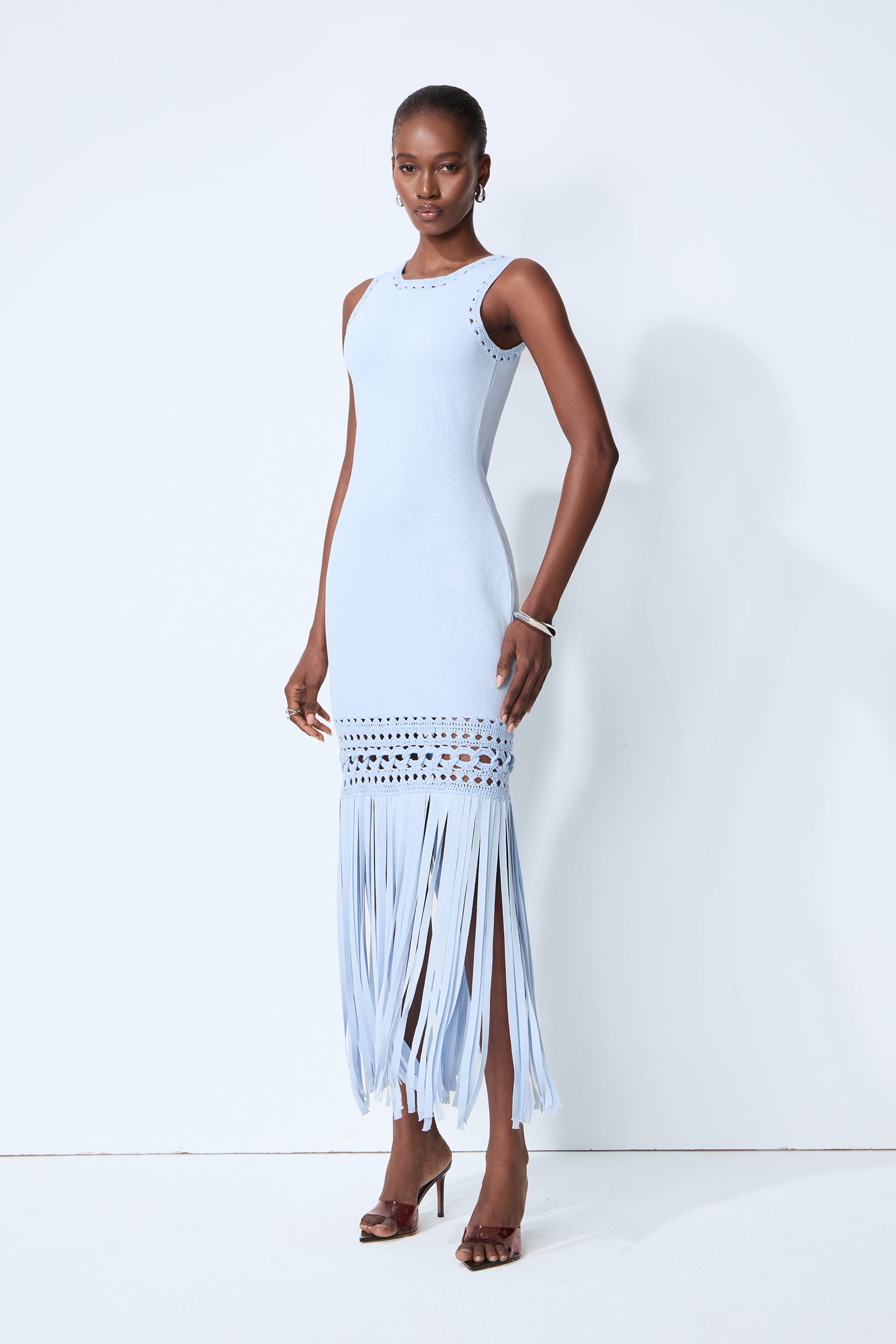 Sunwoven Stories Blue Sleeveless Crochet Fringe Maxi Dress