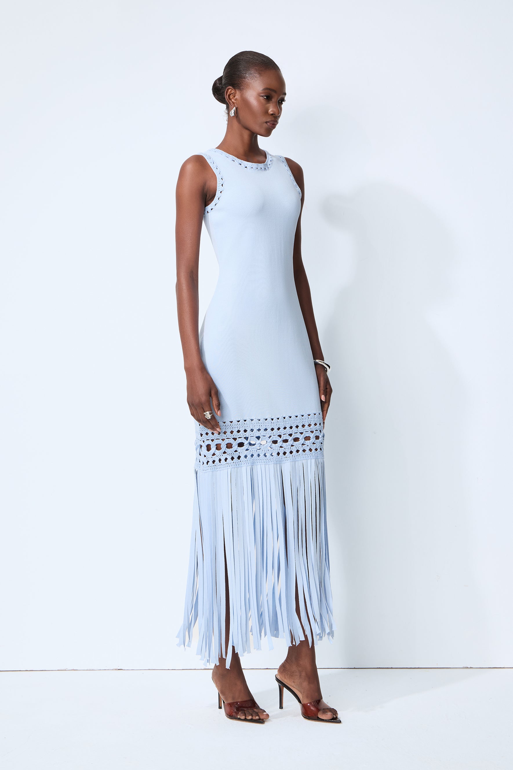 Sunwoven Stories Blue Sleeveless Crochet Fringe Maxi Dress
