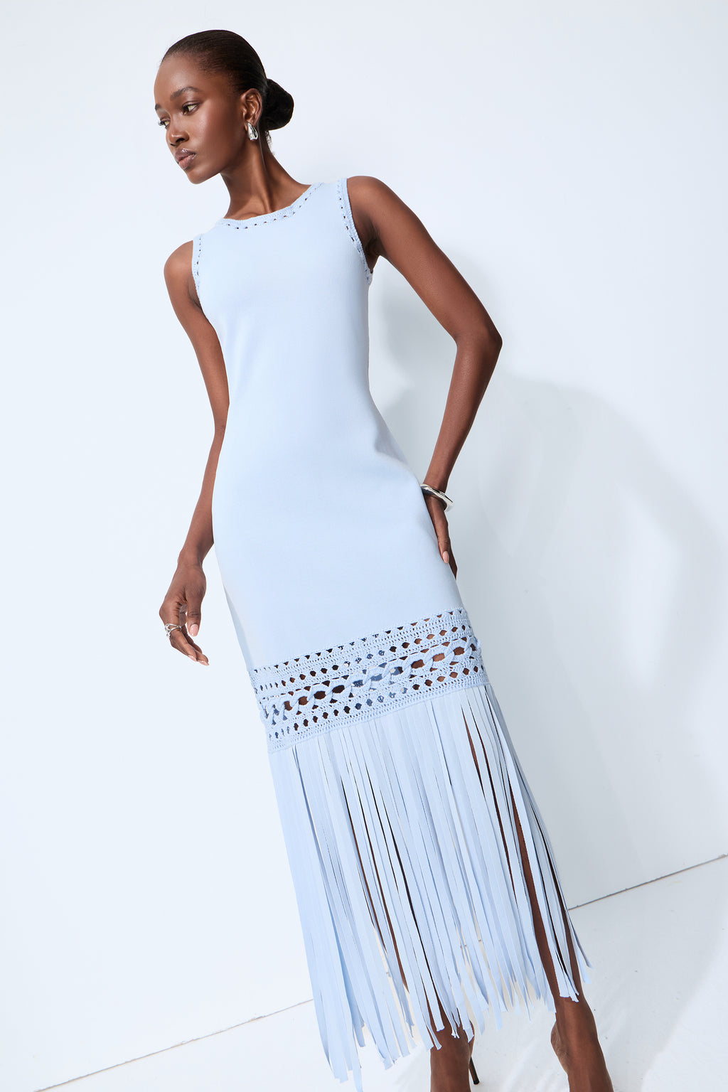 Sunwoven Stories Blue Sleeveless Crochet Fringe Maxi Dress