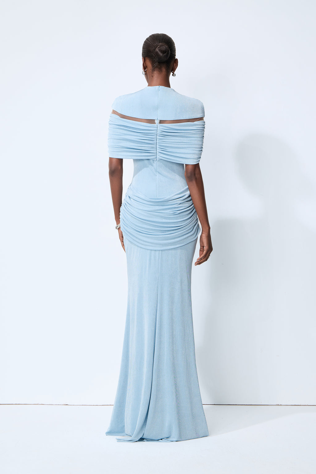 Softly Beautiful Blue Ruched Crisscross Knit Maxi Dress