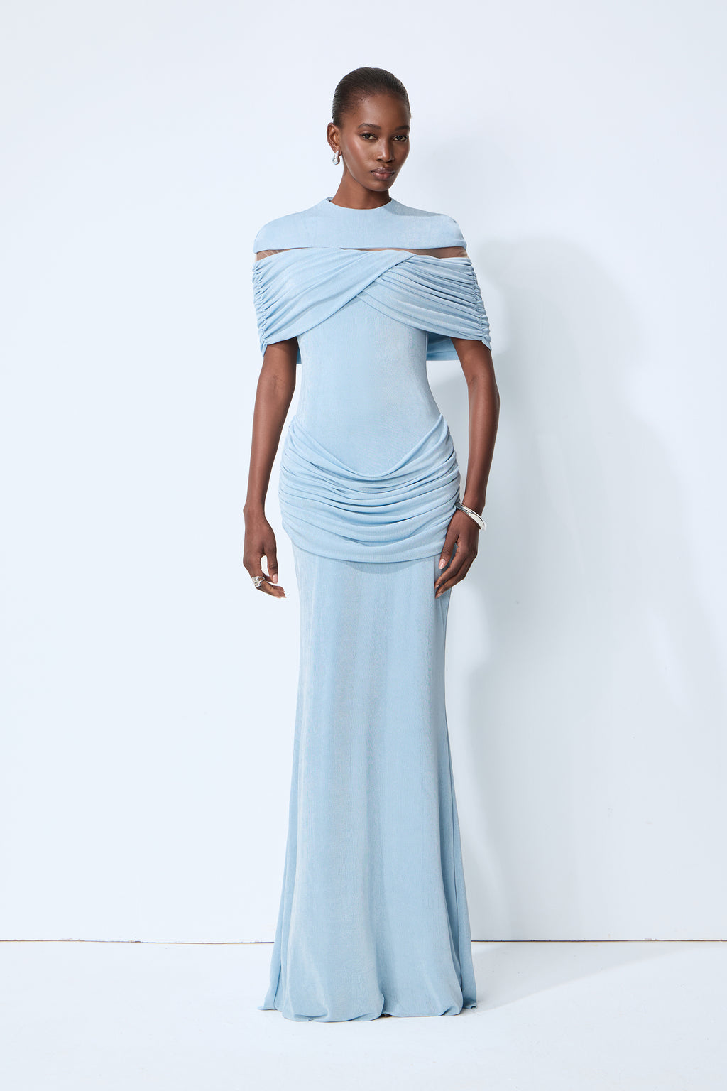 Softly Beautiful Blue Ruched Crisscross Knit Maxi Dress