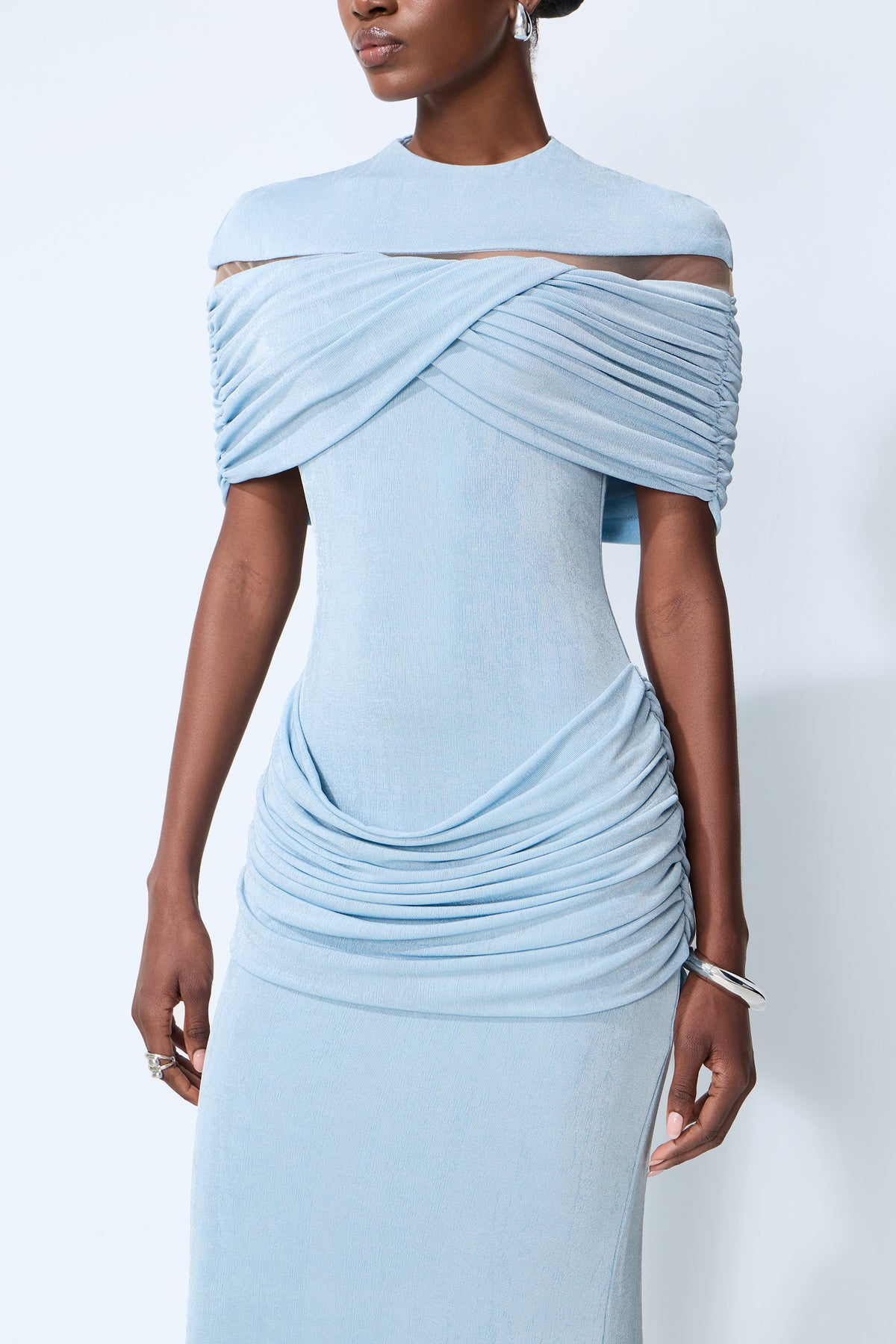 Softly Beautiful Blue Ruched Crisscross Knit Maxi Dress