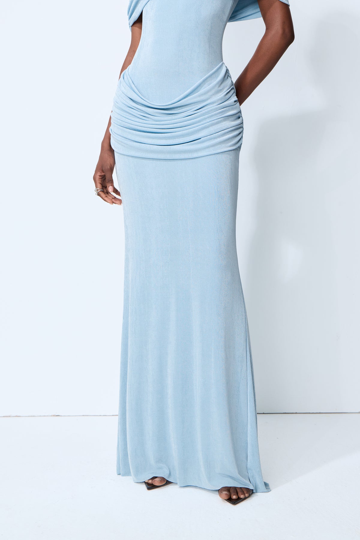 Softly Beautiful Blue Ruched Crisscross Knit Maxi Dress