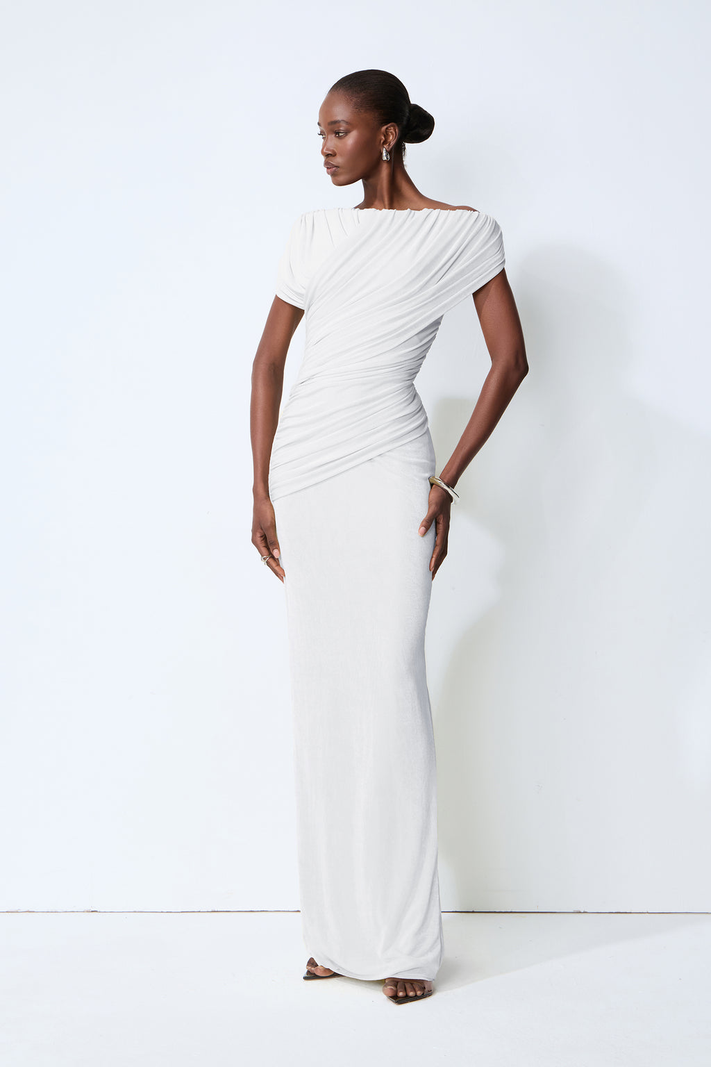 Made to Shine White Off Shoulder Ruched Maxi Dress