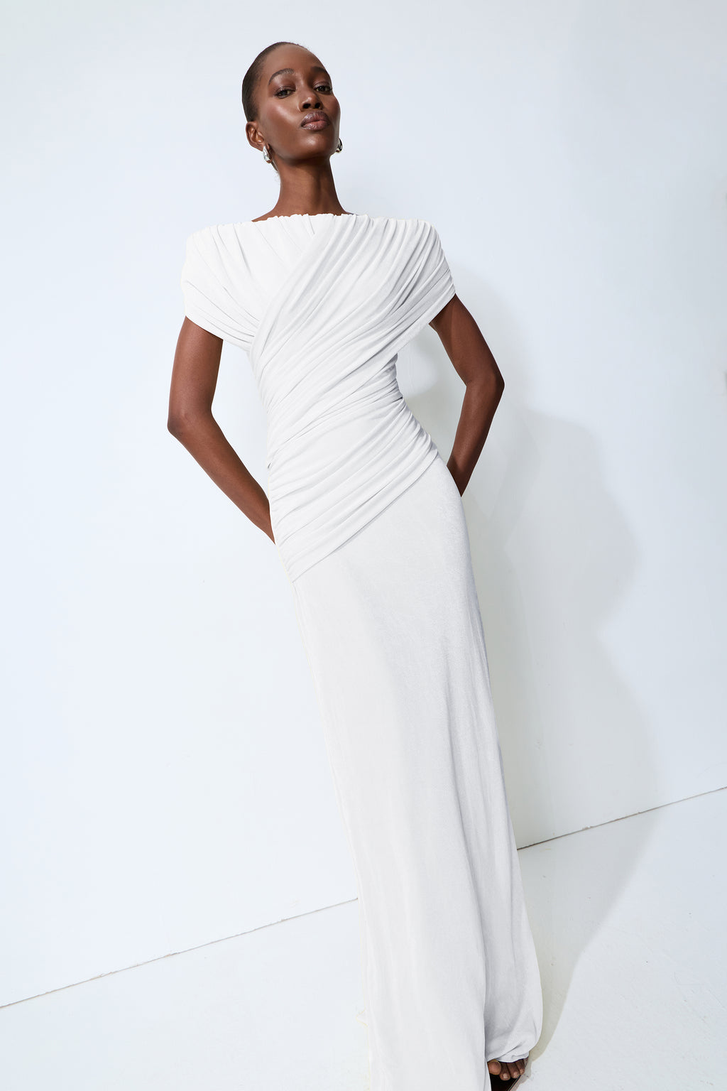 Made to Shine White Off Shoulder Ruched Maxi Dress