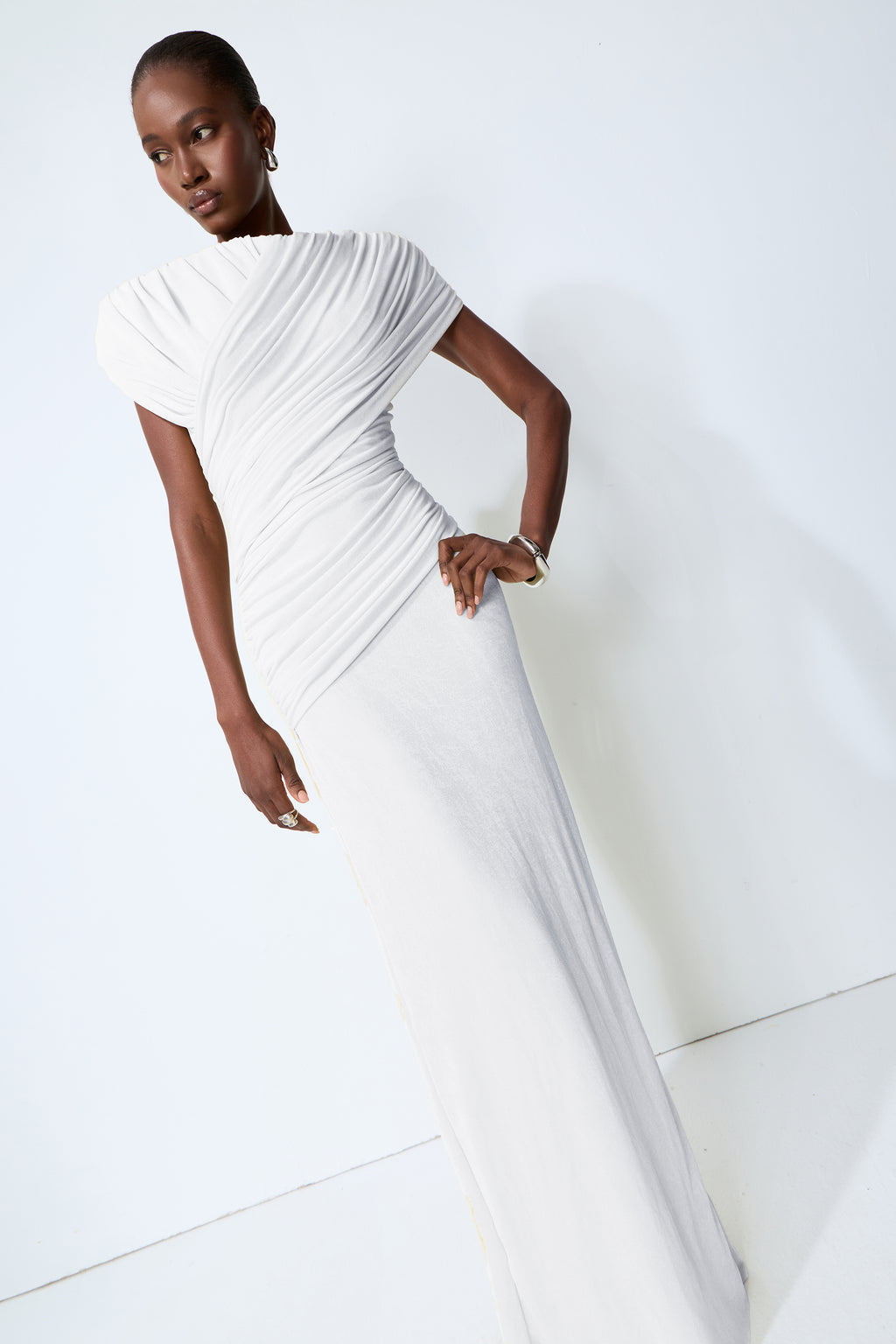 Made to Shine White Off Shoulder Ruched Maxi Dress