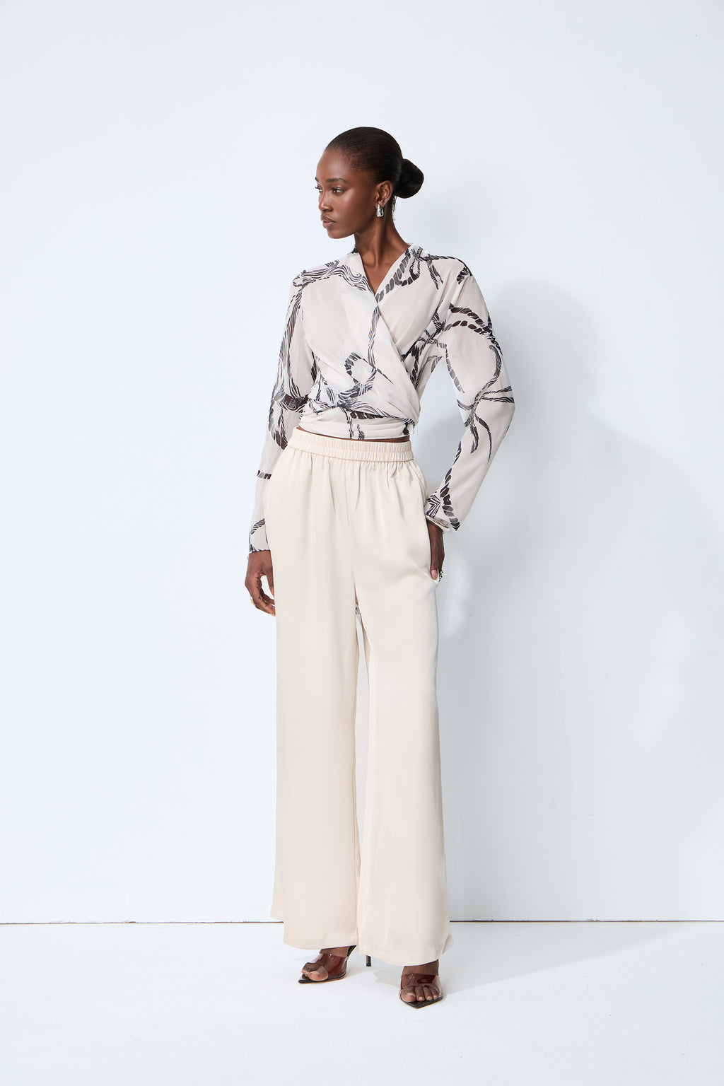 Fresh Mood White Abstract Print Wrap Blouse