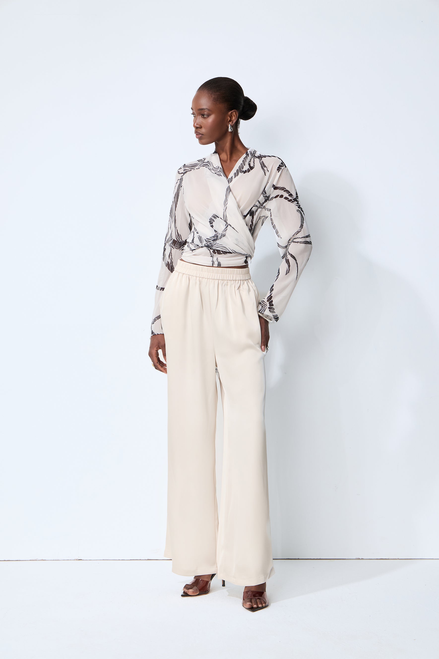Fresh Mood White Abstract Print Wrap Blouse