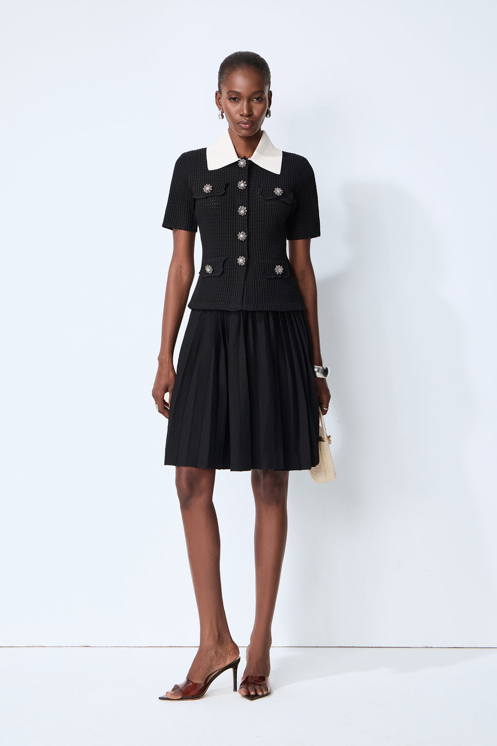 Simple Look Black Contrast Collar Knit Top & Pleated Skirt Set