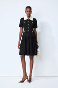 Simple Look Black Contrast Collar Knit Top & Pleated Skirt Set
