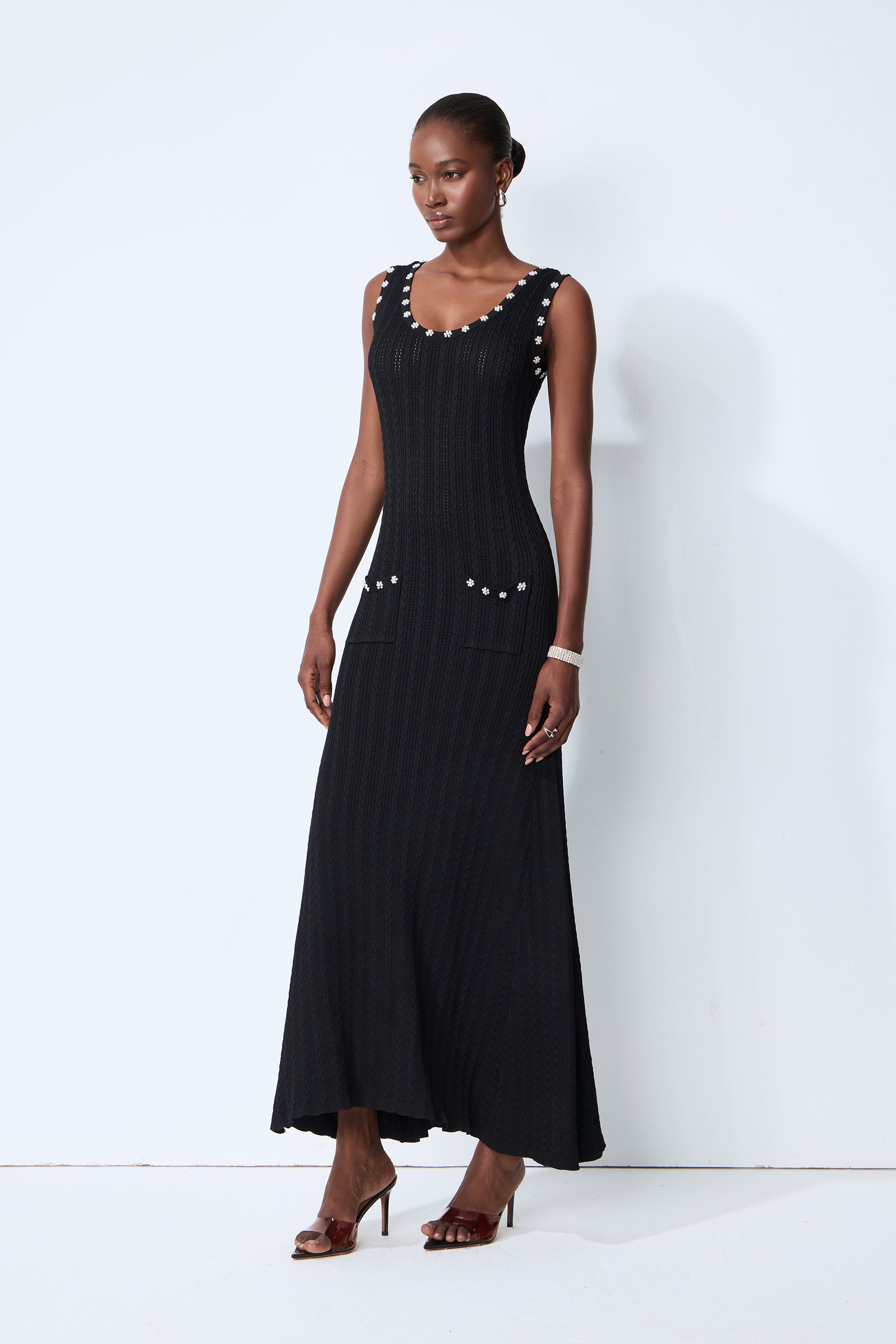 Timeless Attraction Black Sleeveless Pearl Trim Knit Maxi Dress