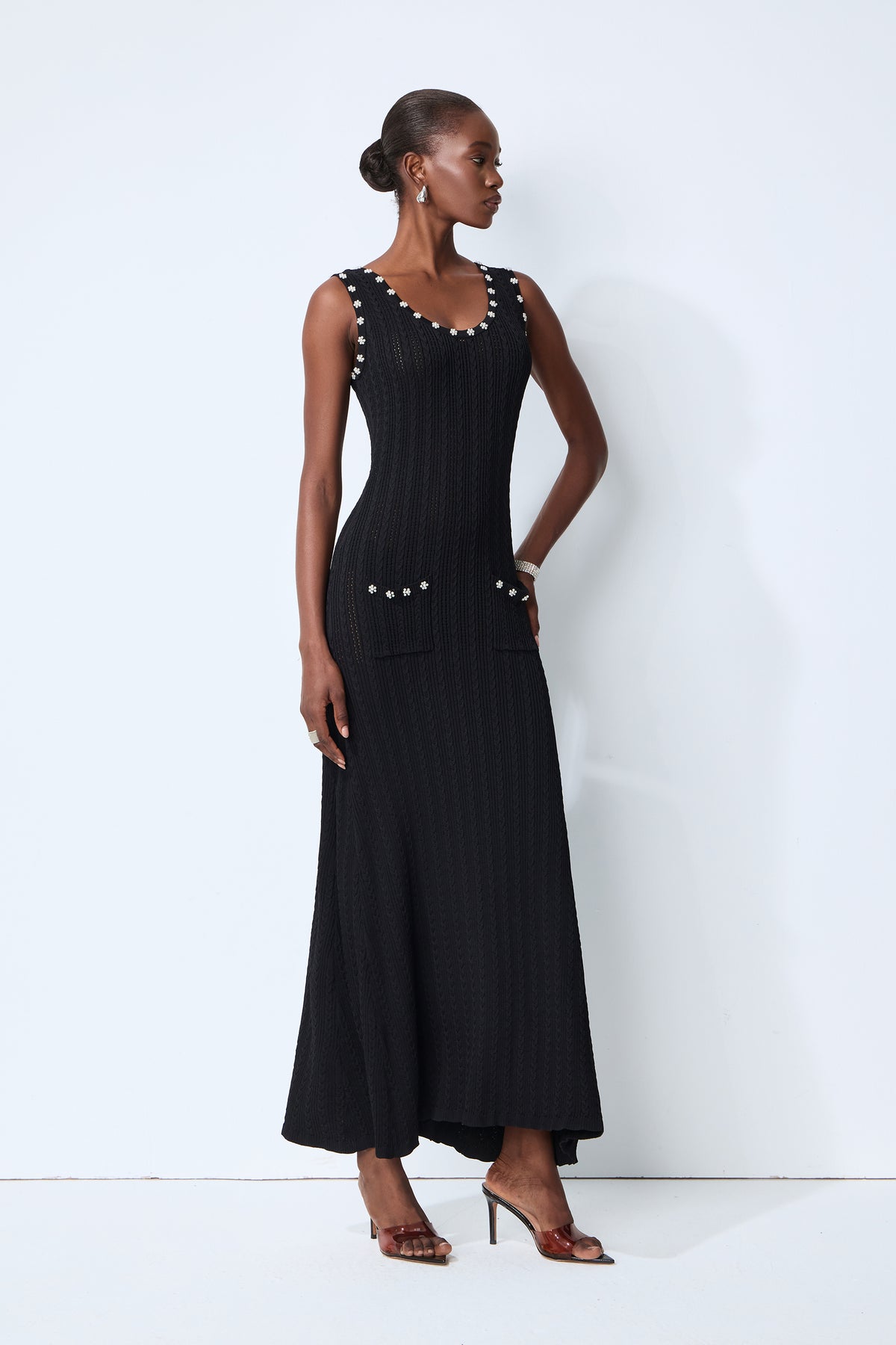 Timeless Attraction Black Sleeveless Pearl Trim Knit Maxi Dress