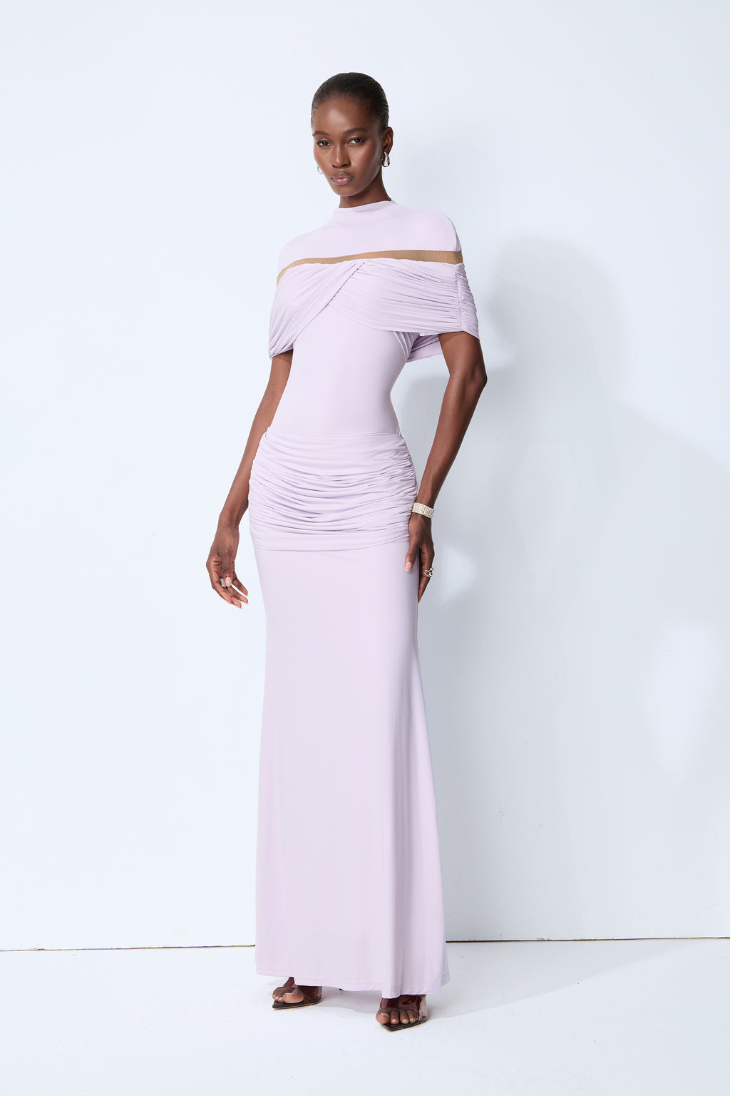 Softly Beautiful Purple Ruched Crisscross Knit Maxi Dress