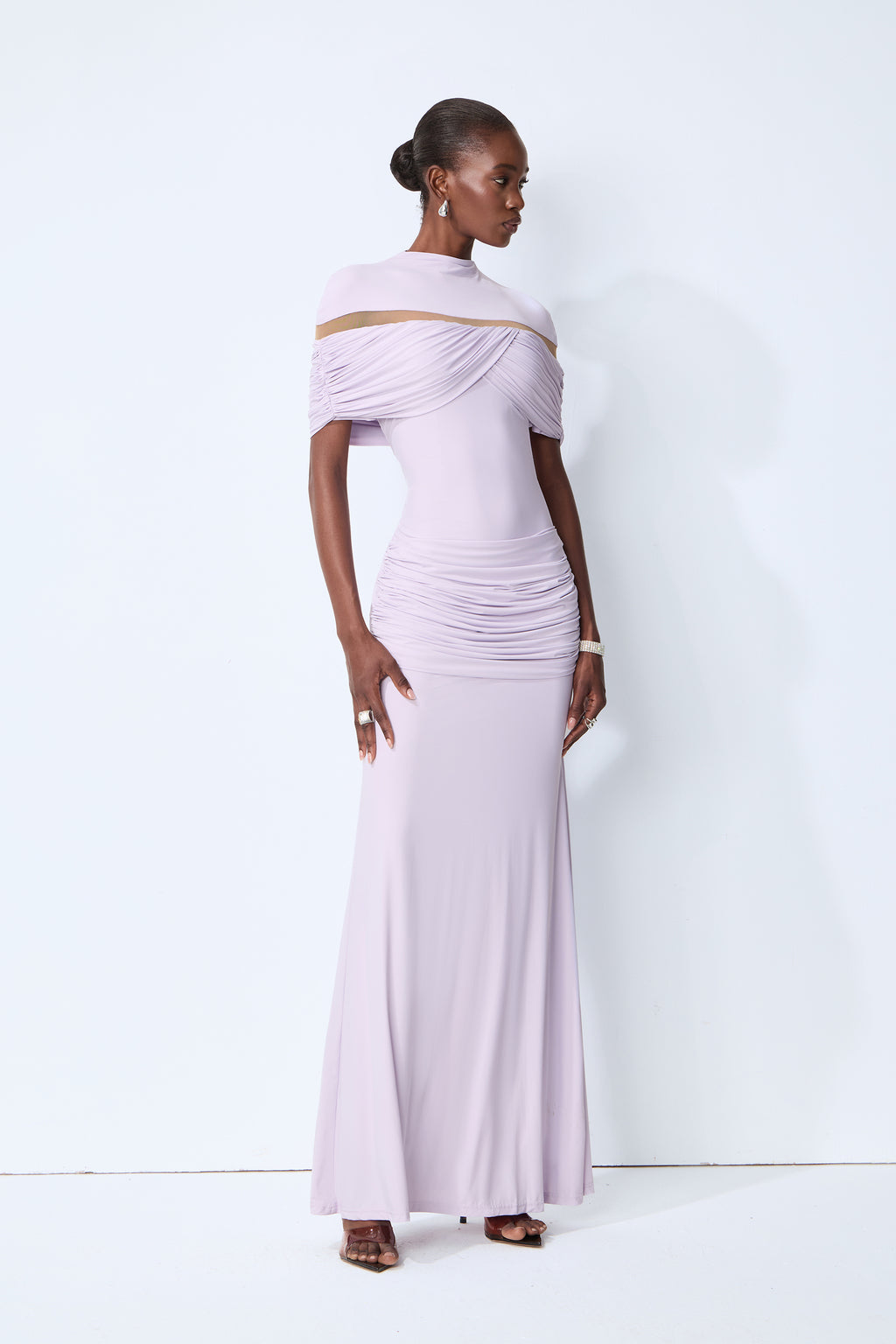 Softly Beautiful Purple Ruched Crisscross Knit Maxi Dress