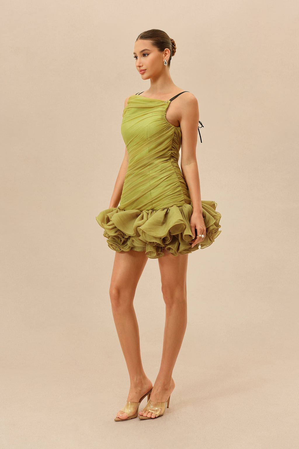 Late Summer Olive Ruched Bodice Ruffled Hem Mini Dress