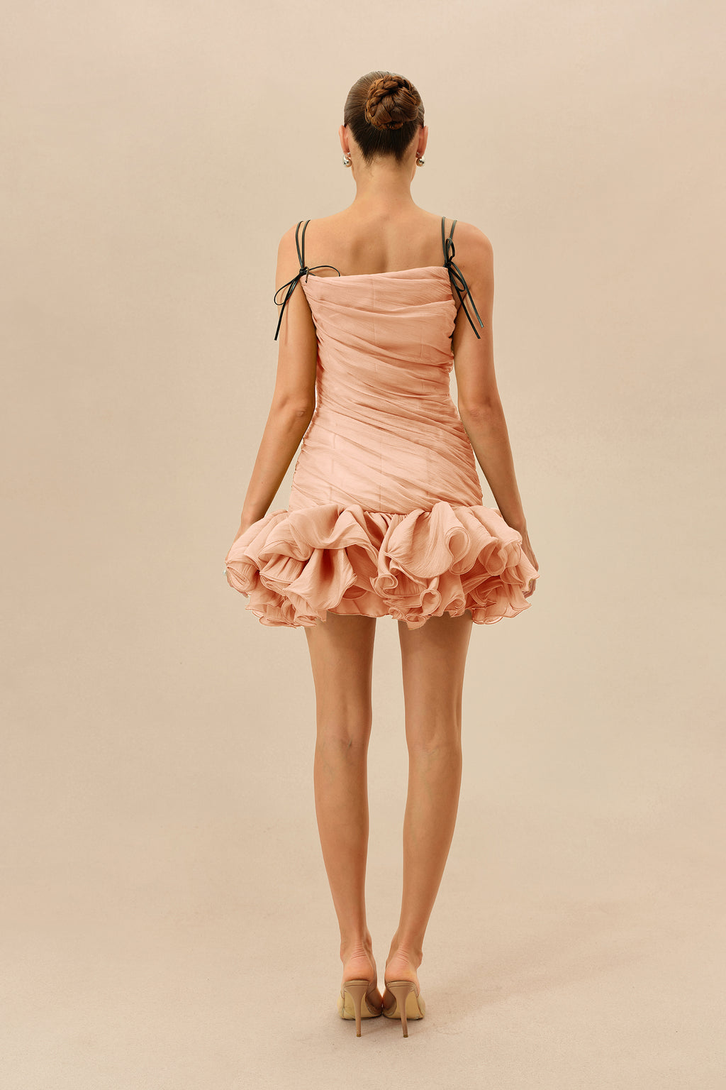 Late Summer Pink Ruched Bodice Ruffled Hem Mini Dress