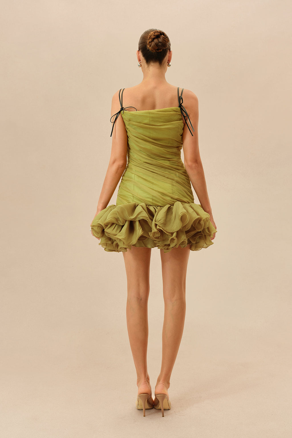 Late Summer Olive Ruched Bodice Ruffled Hem Mini Dress
