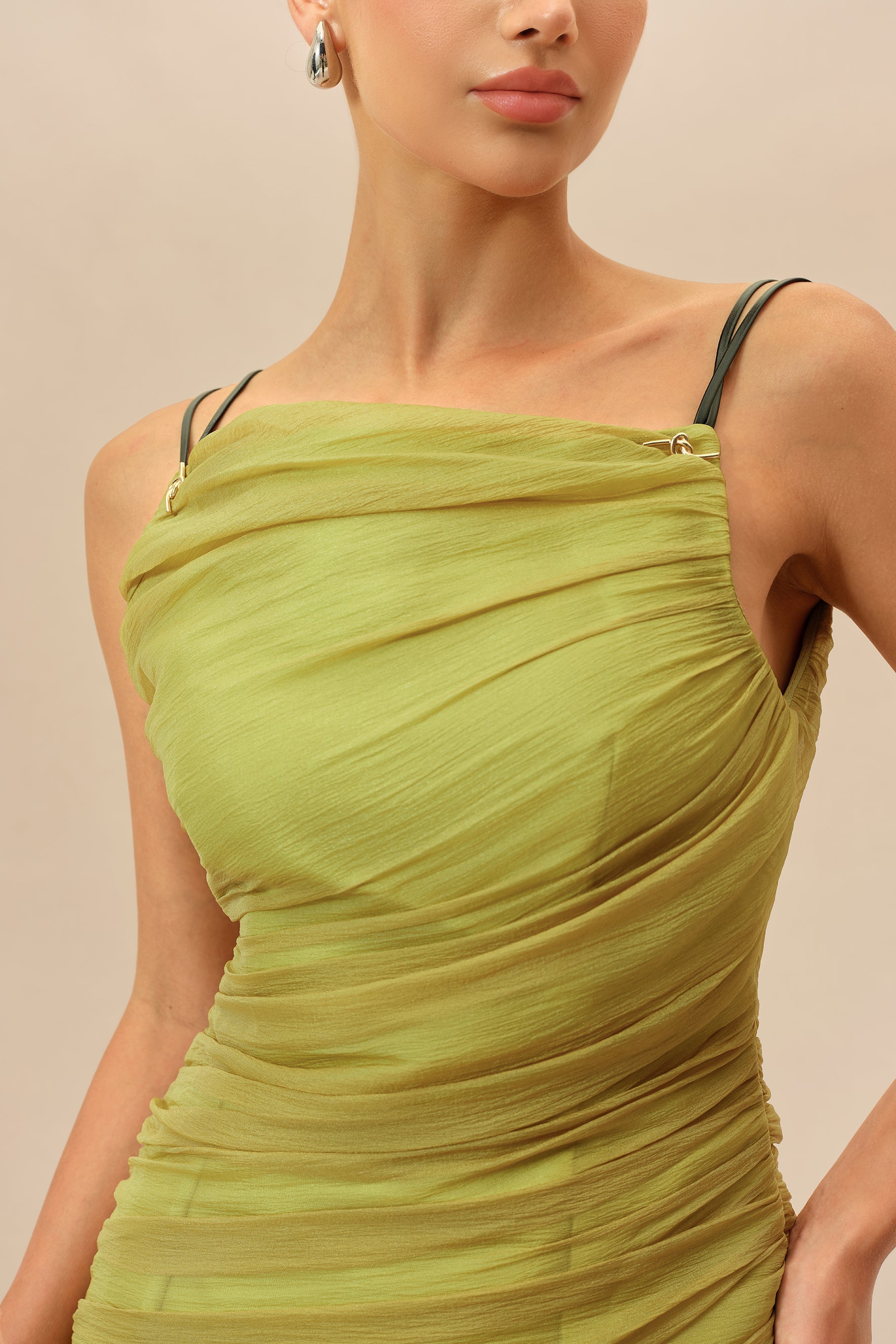 Late Summer Olive Ruched Bodice Ruffled Hem Mini Dress