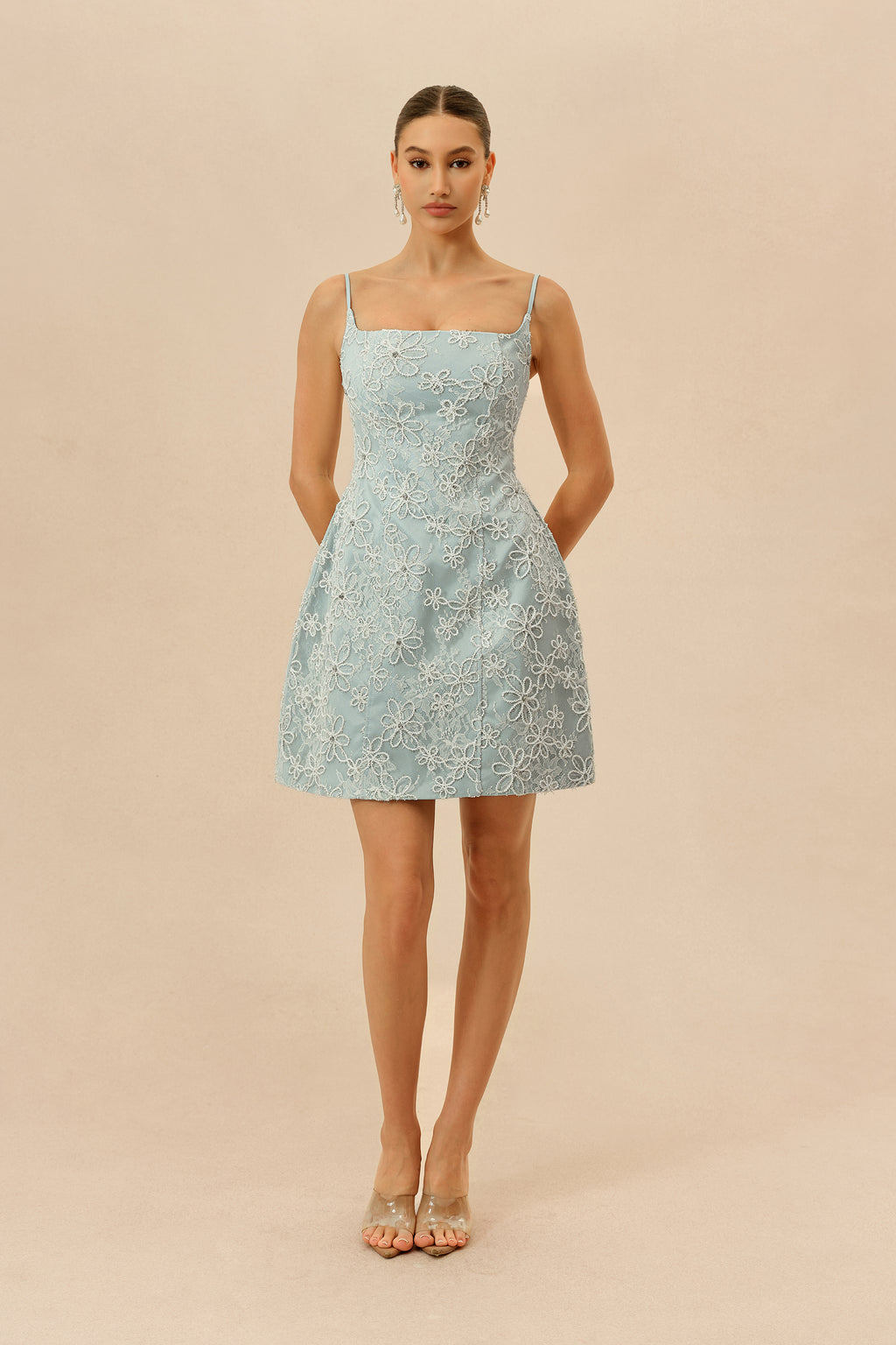 Summer Crush Blue Floral Lace Spaghetti Strap Mini Dress