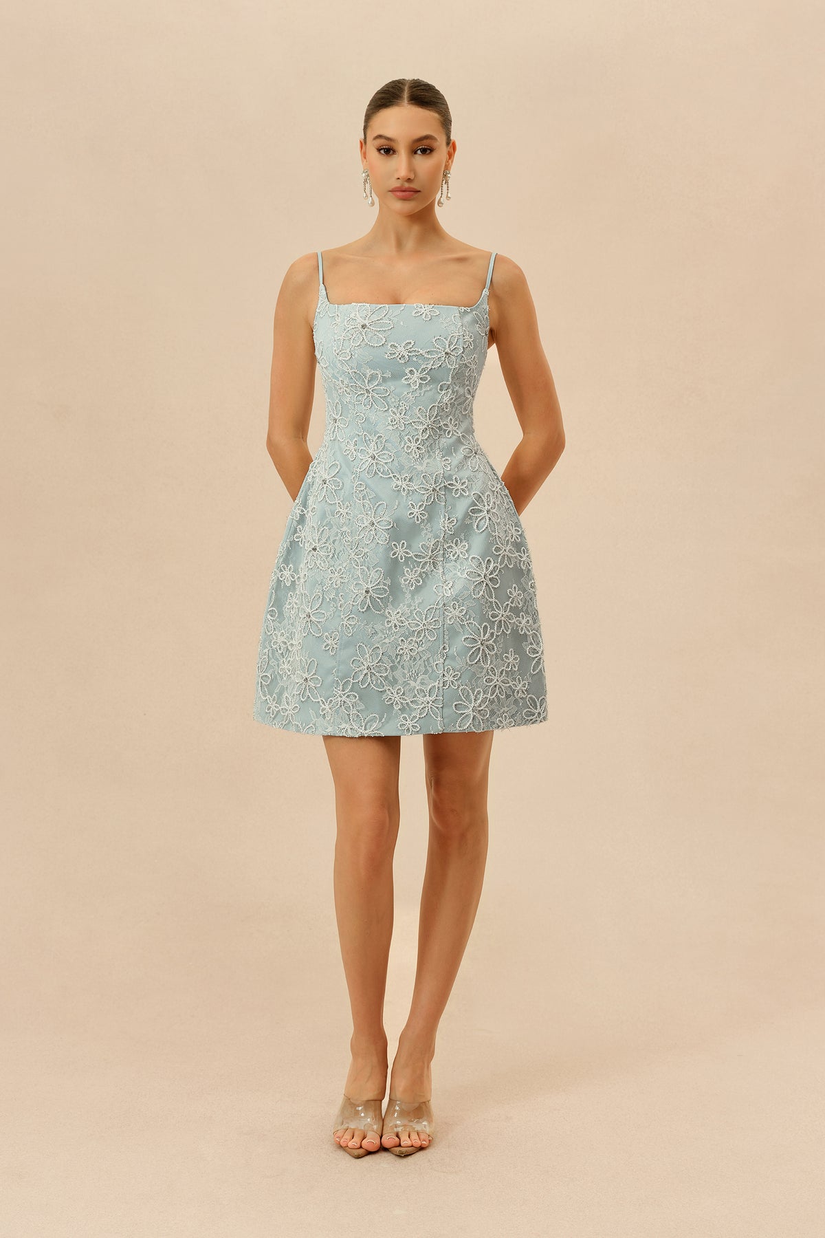 Summer Crush Blue Floral Lace Spaghetti Strap Mini Dress