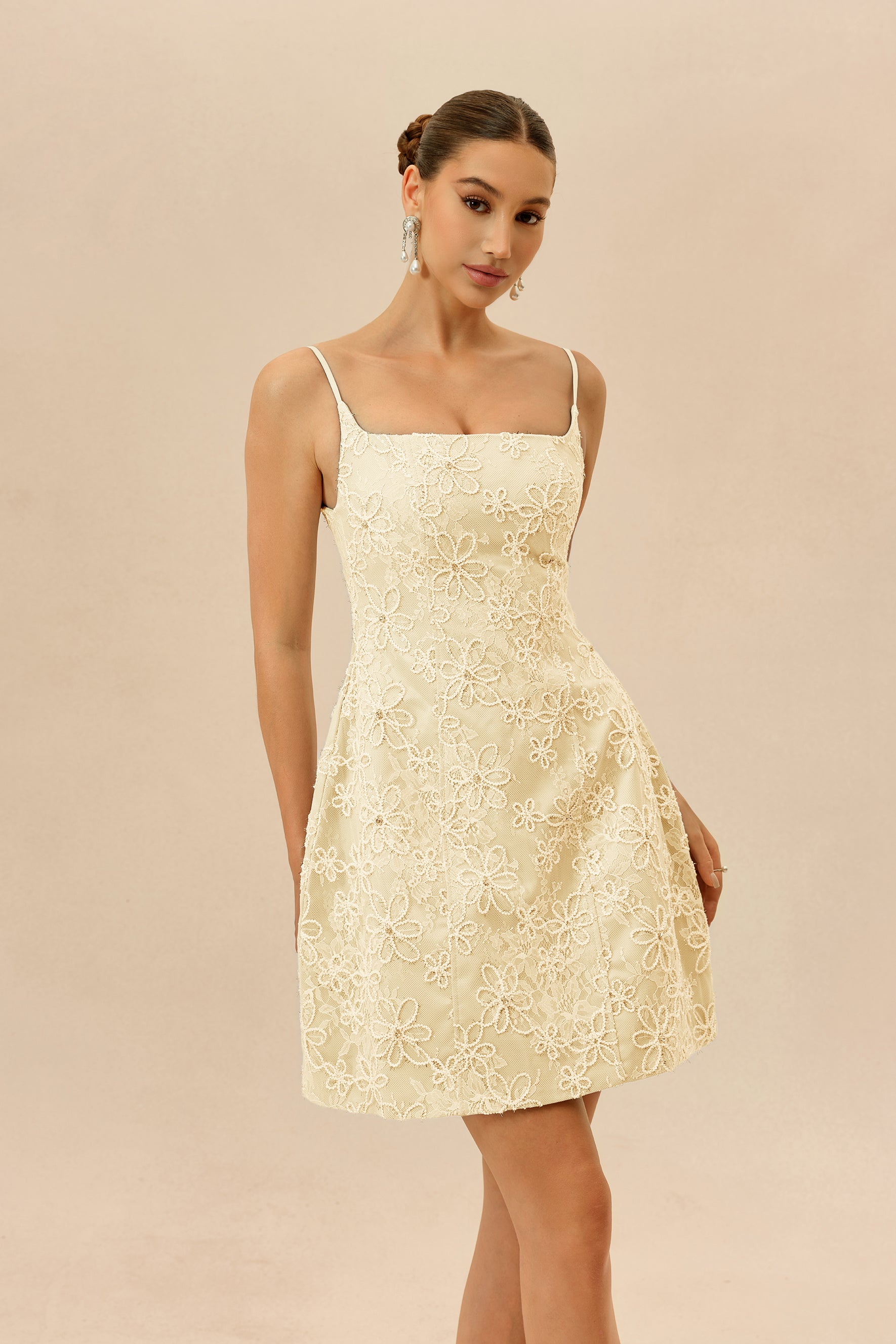 Summer Crush Apricot Floral Lace Spaghetti Strap Mini Dress