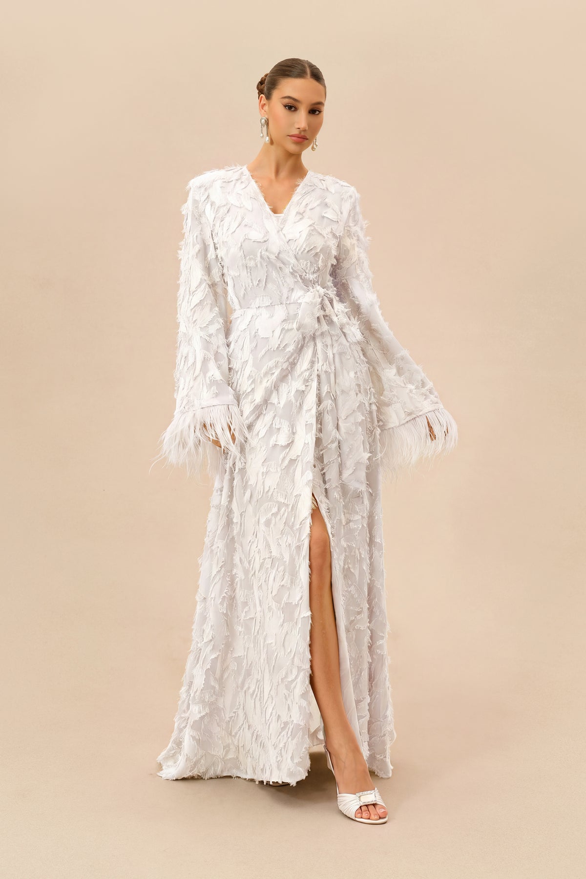 Secret Affair White Leaf Applique Featherer Cuff Maxi Dress