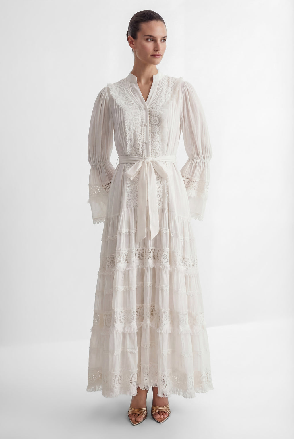 Graceful Darling White Floral Lace Bell Sleeve Maxi Dress