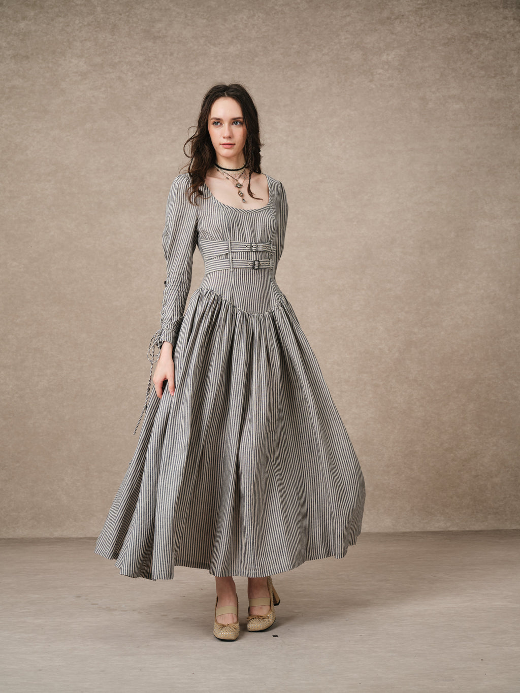 Clara 08 | Buckled Corset Striped Linen Dress