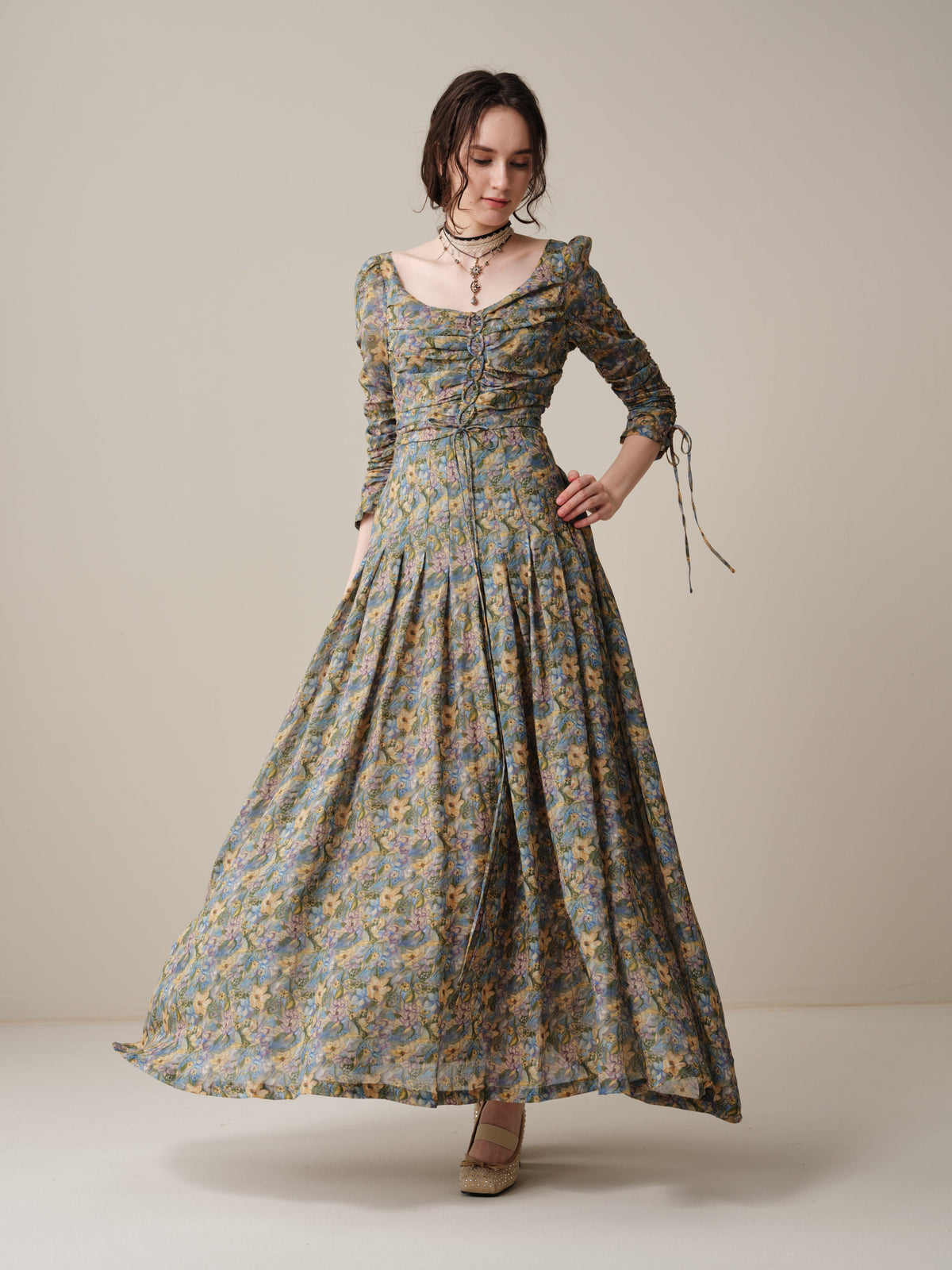 Emma 11 | Lace-Up Ruched Linen Maxi Dress