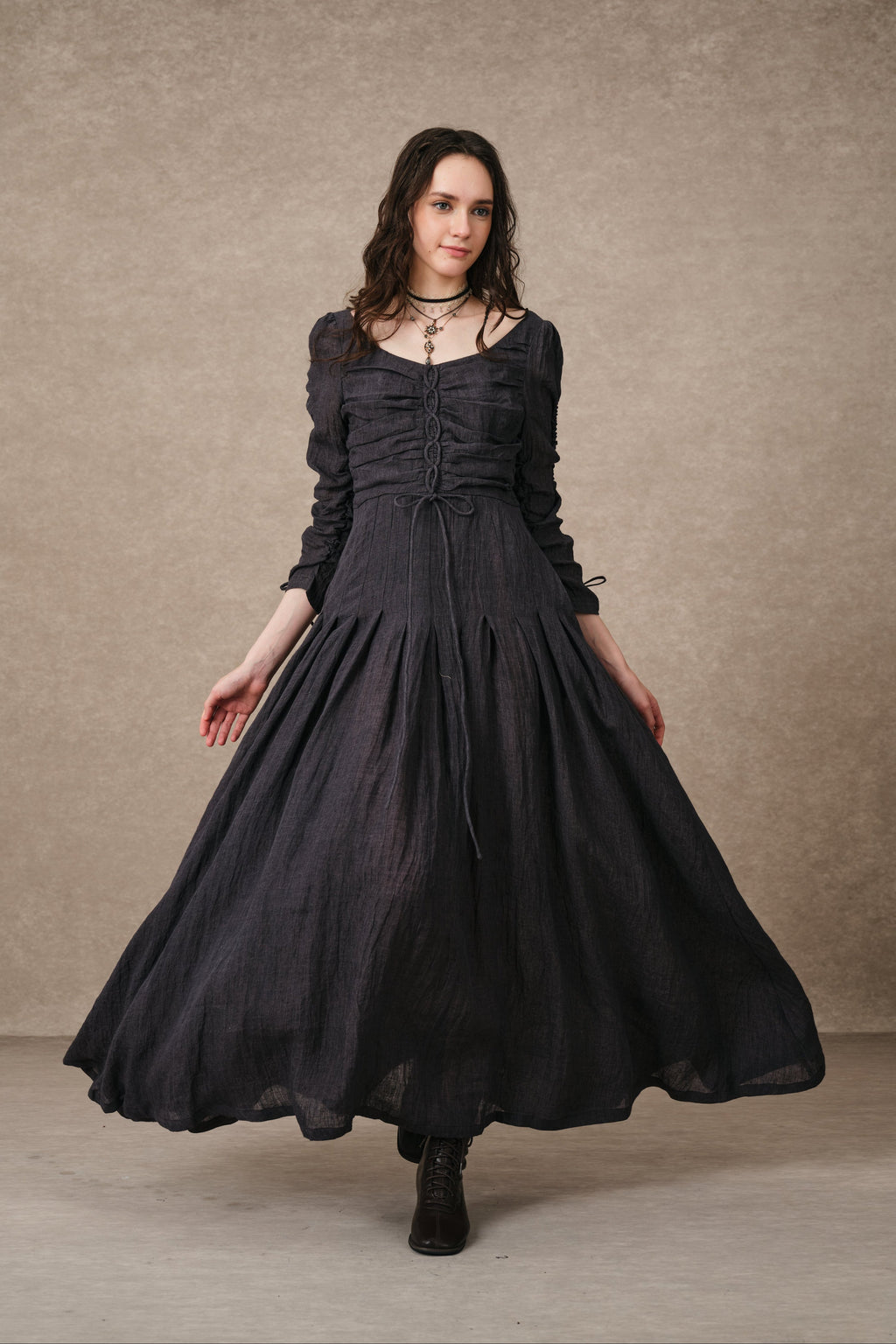 Emma 11 | Lace-Up Ruched Linen Maxi Dress