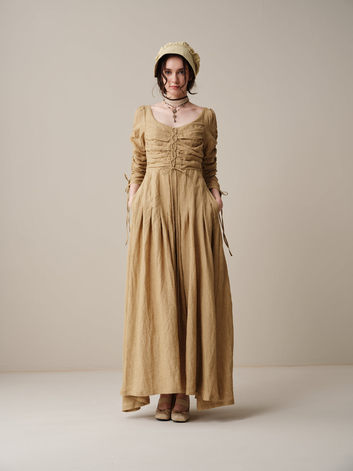 Emma 11 | Lace-Up Ruched Linen Maxi Dress