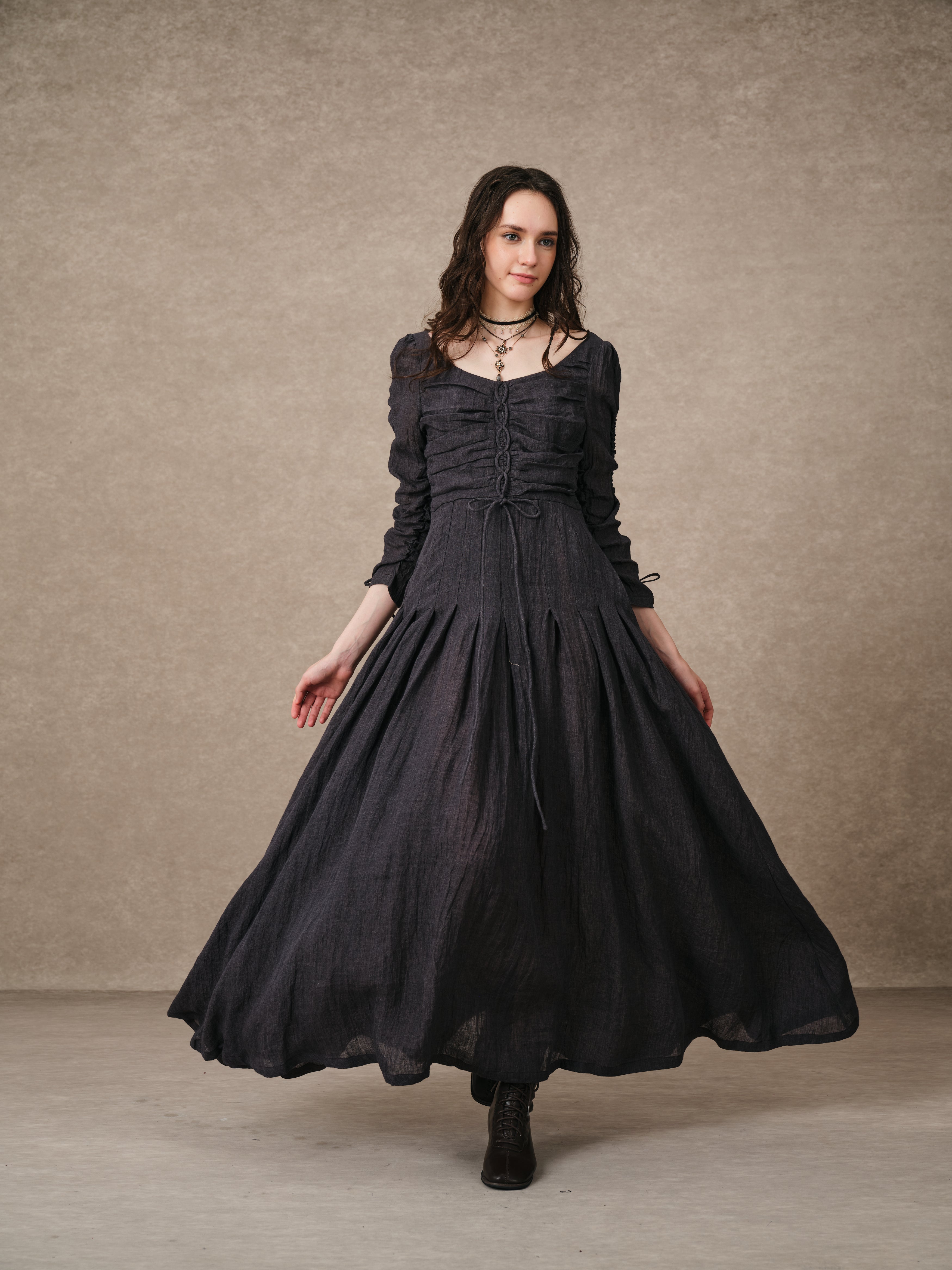 Emma 11 | Lace-Up Ruched Linen Maxi Dress