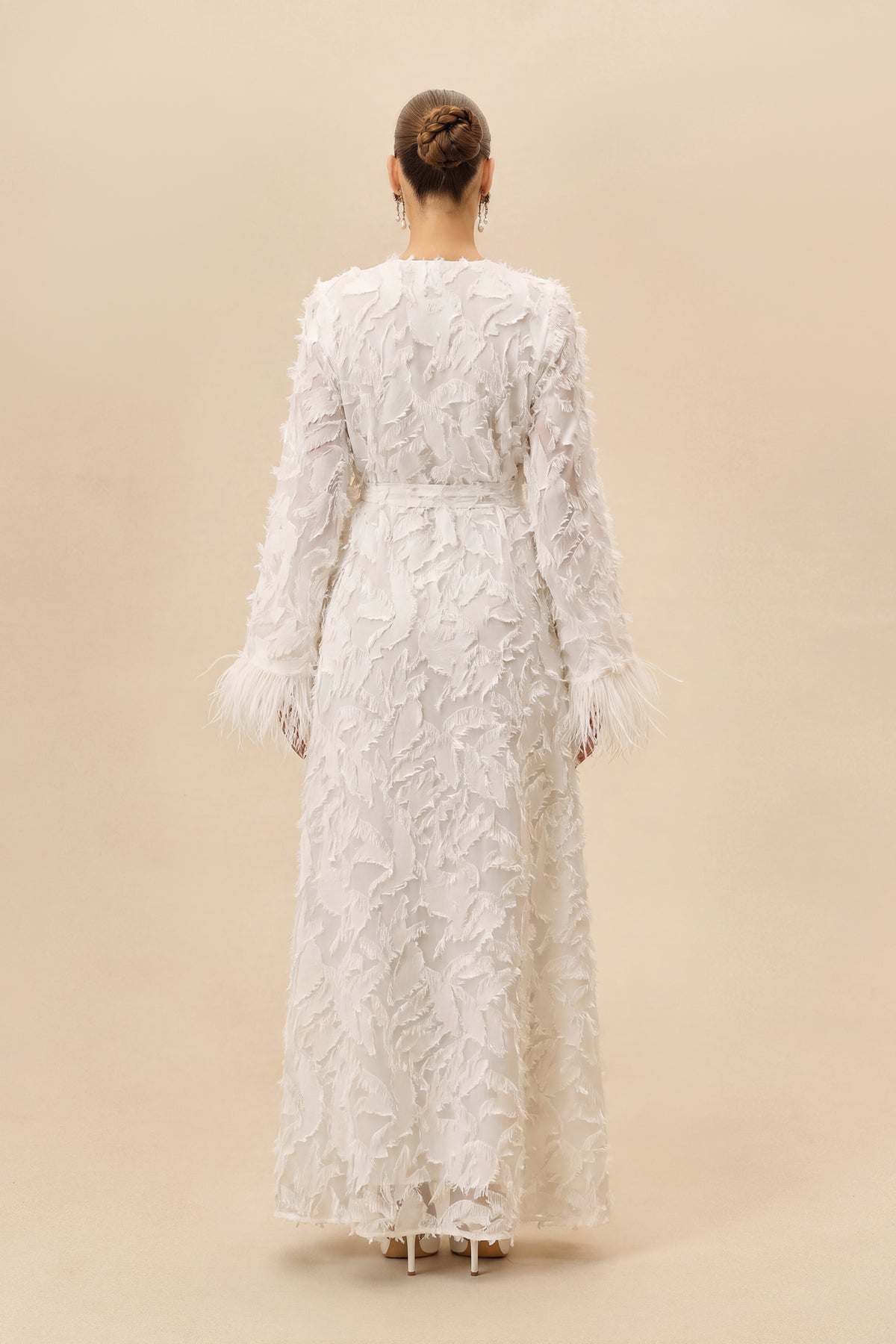 Secret Affair White Leaf Applique Featherer Cuff Maxi Dress