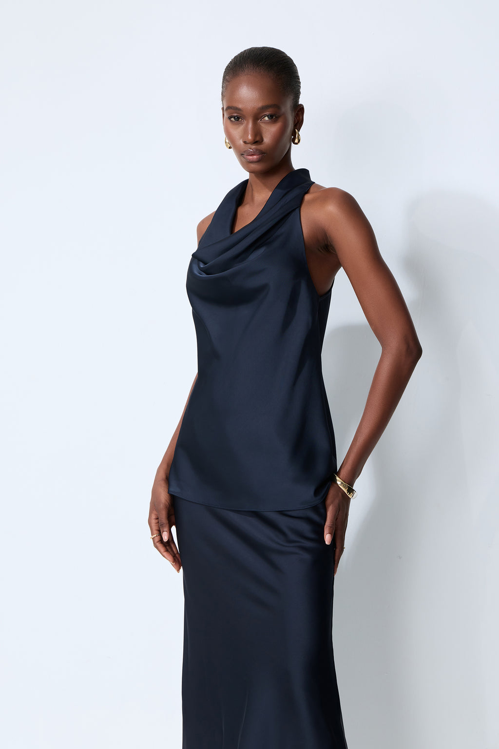 Soft Elegance Blue Sleeveless Cowl Neck Top