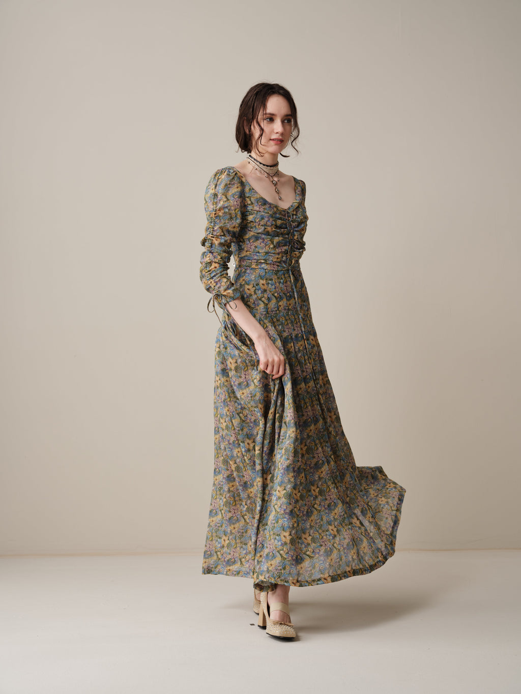 Emma 11 | Lace-Up Ruched Linen Maxi Dress