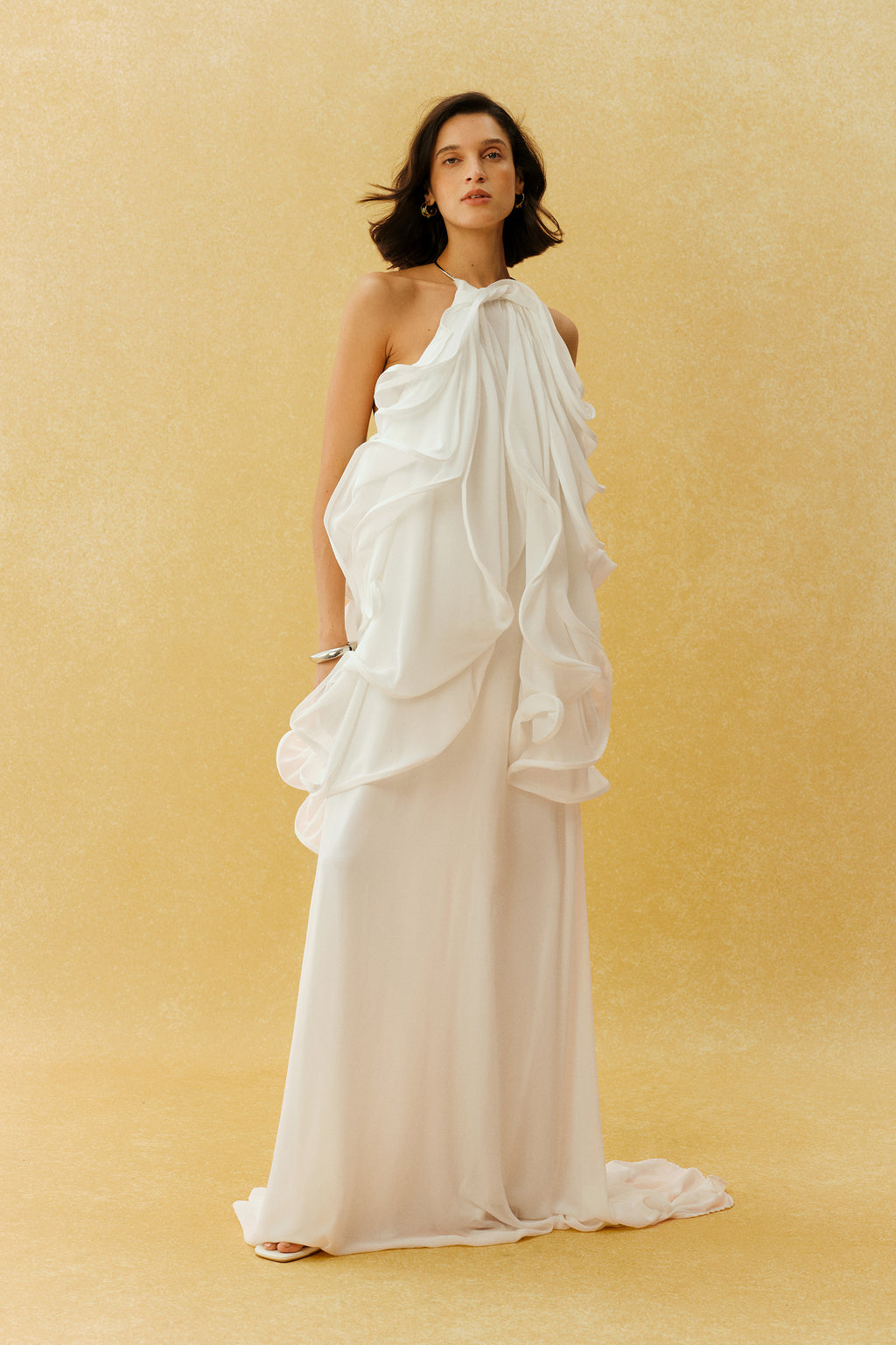 Captured Your Heart White Metal Halter Neck Ruffle Maxi Dress