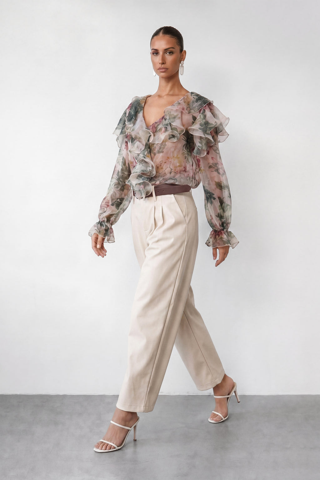 Pretty Moment Multi Floral Print Ruffle Chiffon Blouse