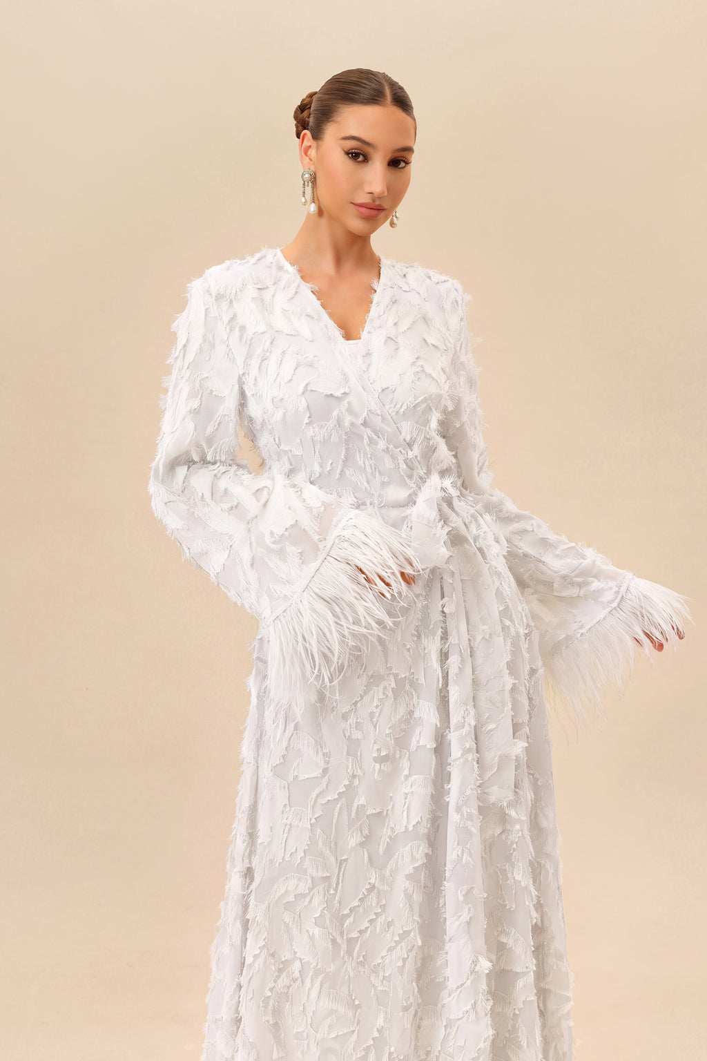 Secret Affair White Leaf Applique Featherer Cuff Maxi Dress