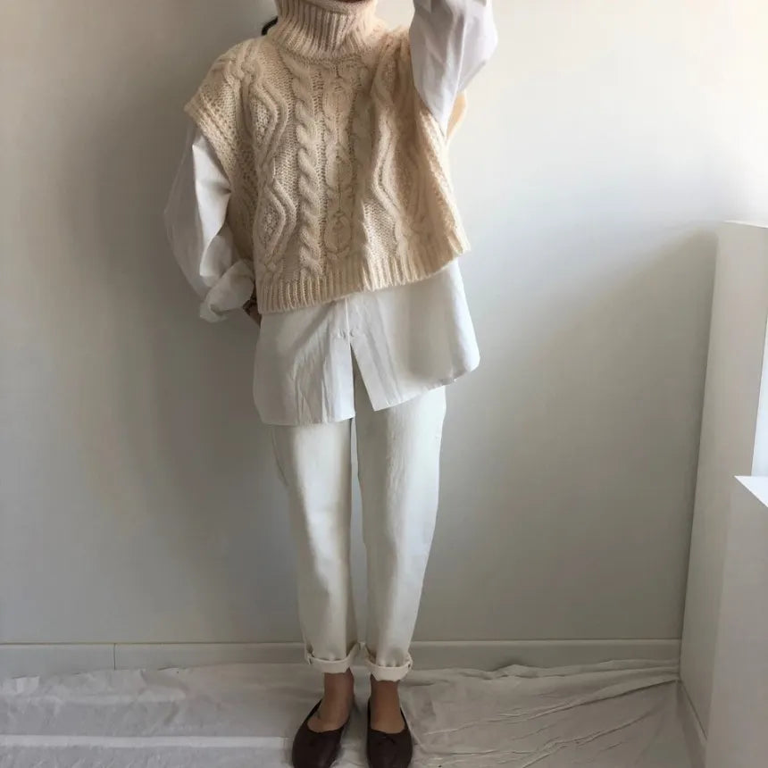Vintage turtleneck hemp pattern loose knit sweater vest