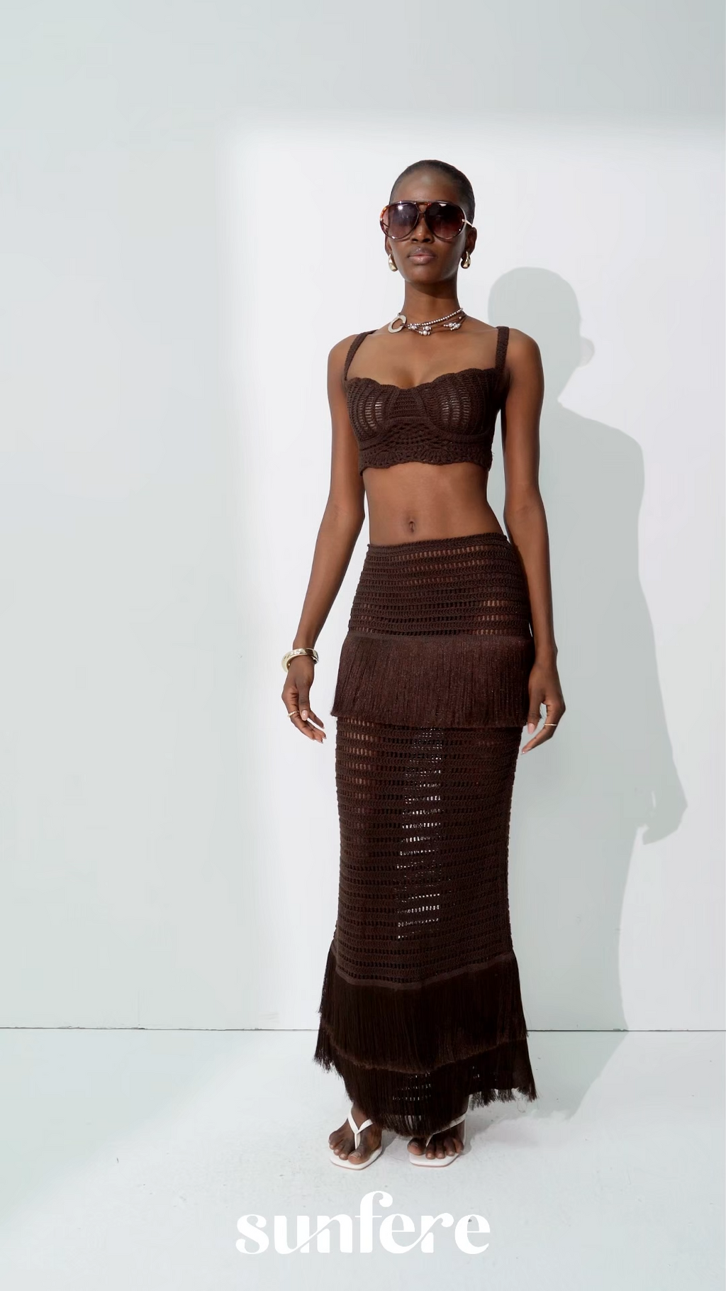 Sunlit Paradise Brown Crochet Knit Top & Fringe Skirt Set
