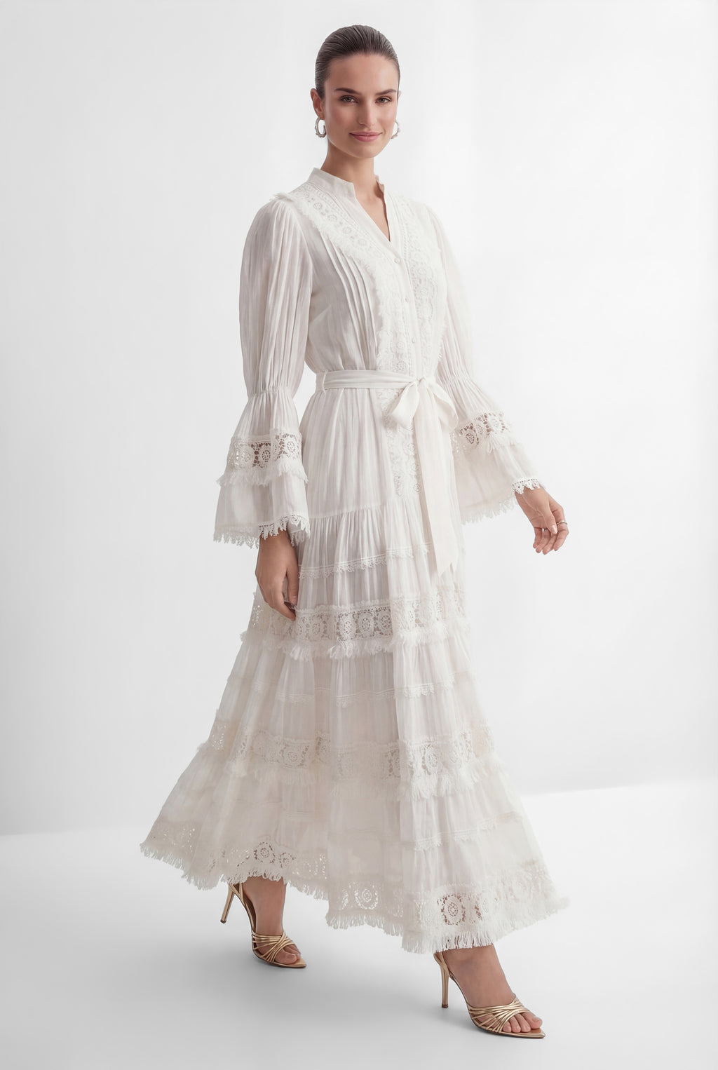 Graceful Darling White Floral Lace Bell Sleeve Maxi Dress