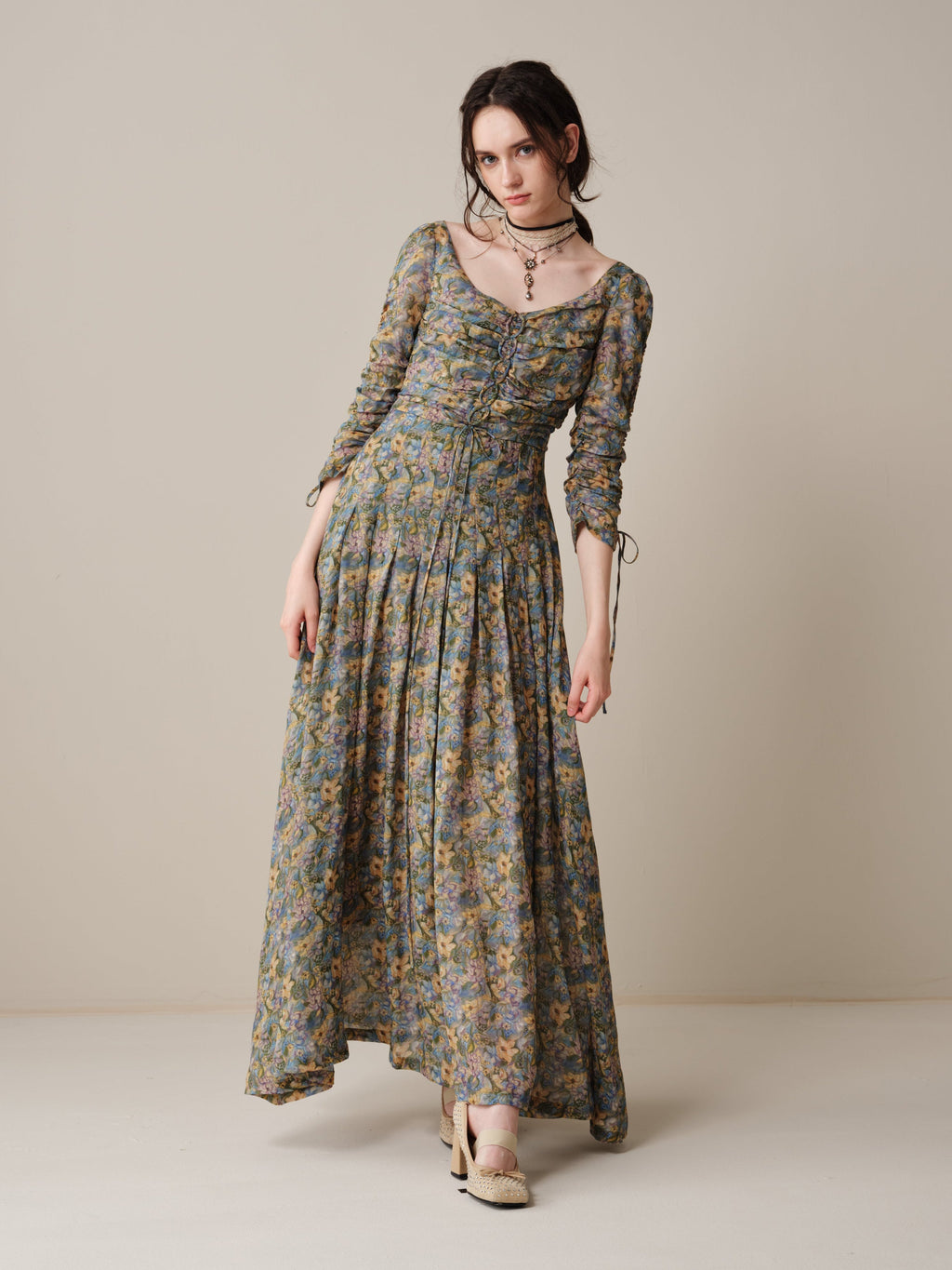 Emma 11 | Lace-Up Ruched Linen Maxi Dress