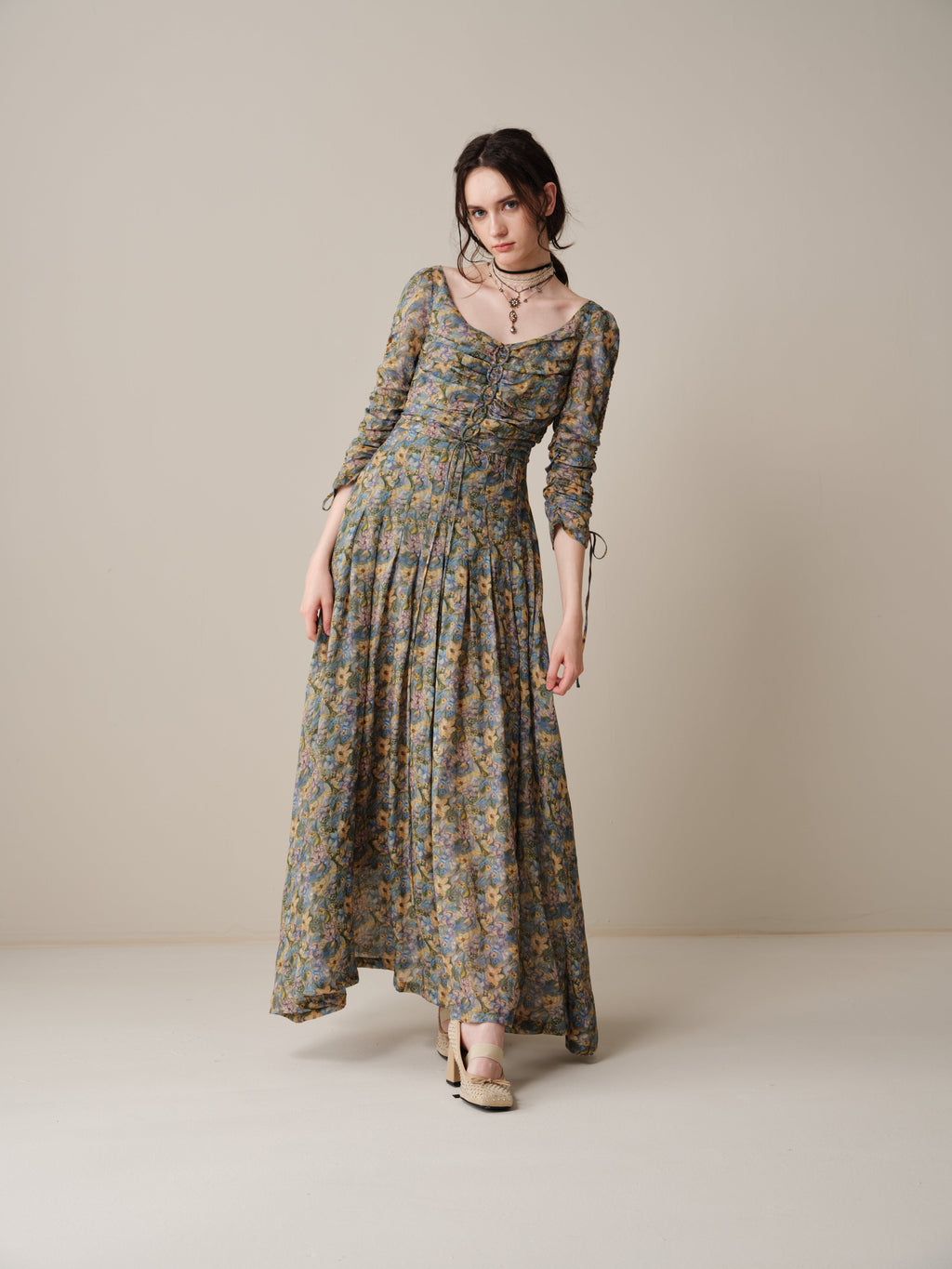 Emma 11 | Lace-Up Ruched Linen Maxi Dress
