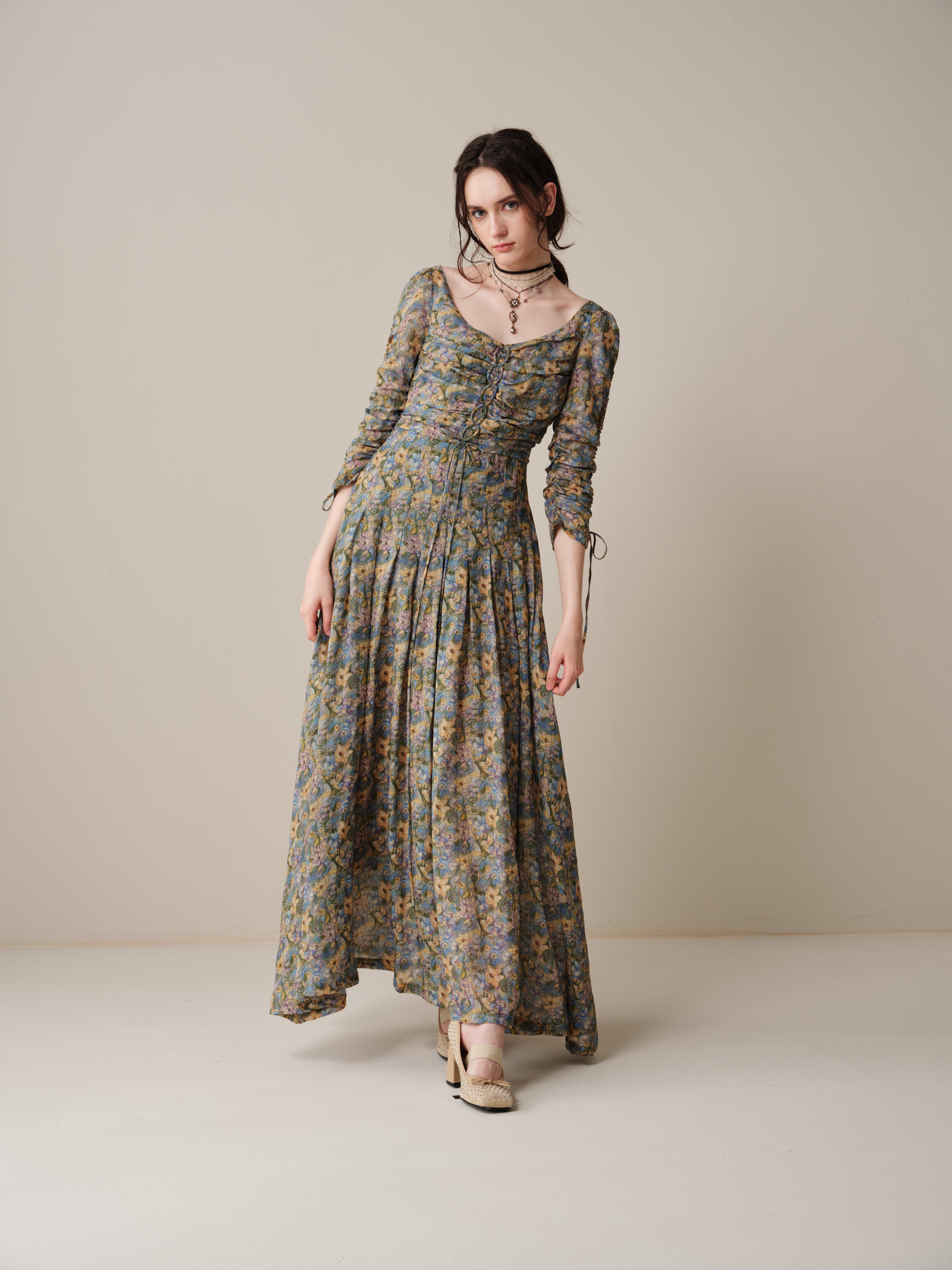 Emma 11 | Lace-Up Ruched Linen Maxi Dress