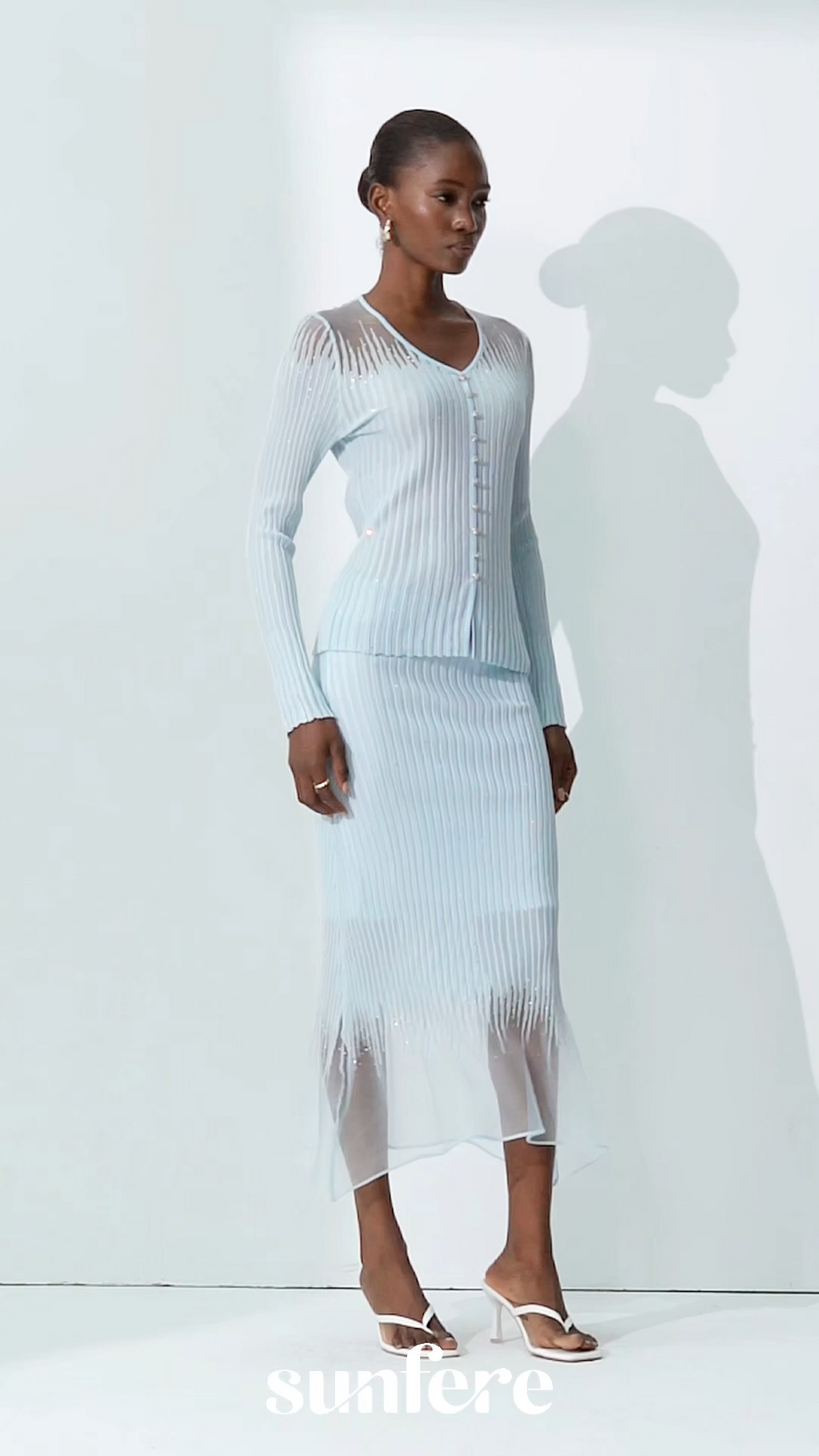 Lazy Day Blue Rhinestone Sheer Knit Top & Skirt Set