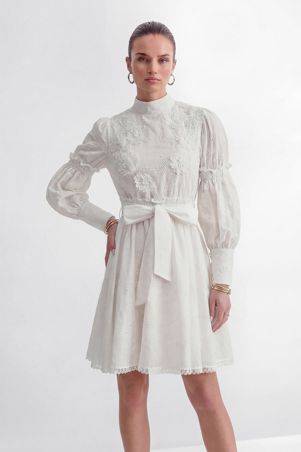 Loveliest Looks White Floral Embroidery Belted Mini Dress