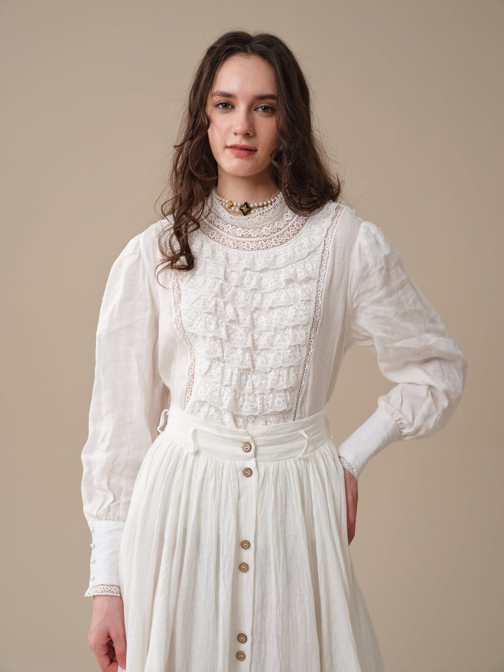 Stella 06 | Ruffled High-Neck Linen Blouse