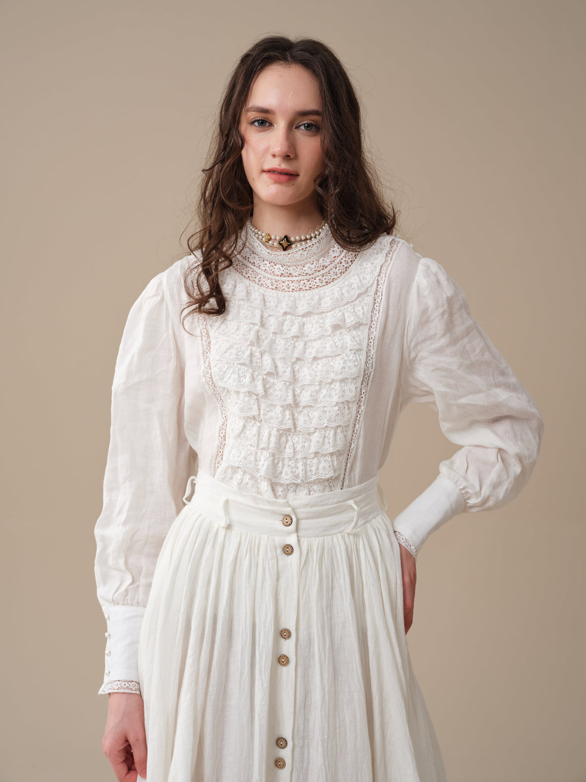 Stella 06 | Ruffled High-Neck Linen Blouse